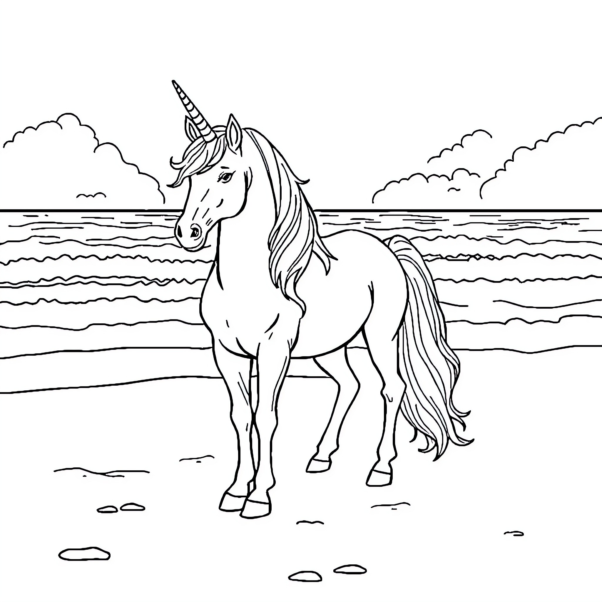 Unicorn standing majestically by the ocean Coloring Page (free black-and-white line drawing printable PDF for all, from beginners to advanced learners, including children, teens, adults, and seniors)