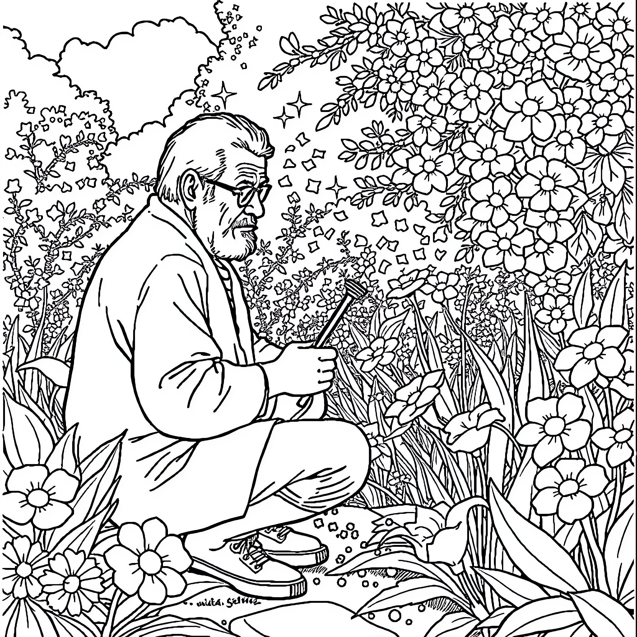 Anciano contemplating nature in a floral garden Coloring Page (free black-and-white line drawing printable PDF for all, from beginners to advanced learners, including children, teens, adults, and seniors)