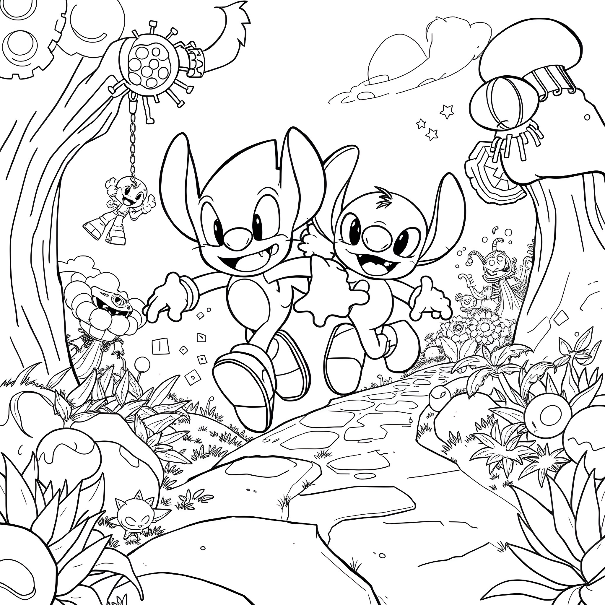 Sonic and Friends Exploring the Whimsical Landscape Coloring Page (free black-and-white line drawing printable PDF for all, from beginners to advanced learners, including children, teens, adults, and seniors)