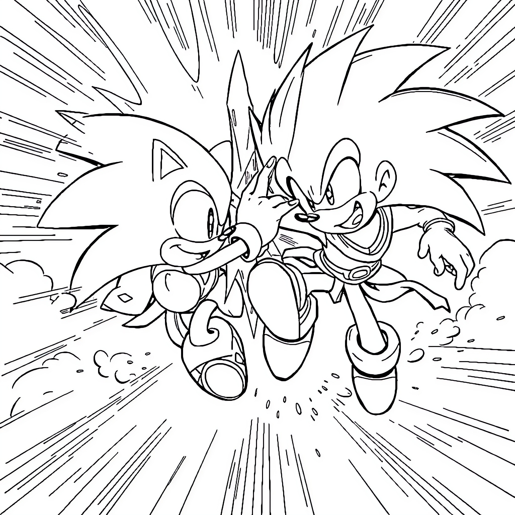 Sonic and Knuckles in high-speed action Coloring Page (free black-and-white line drawing printable PDF for all, from beginners to advanced learners, including children, teens, adults, and seniors)