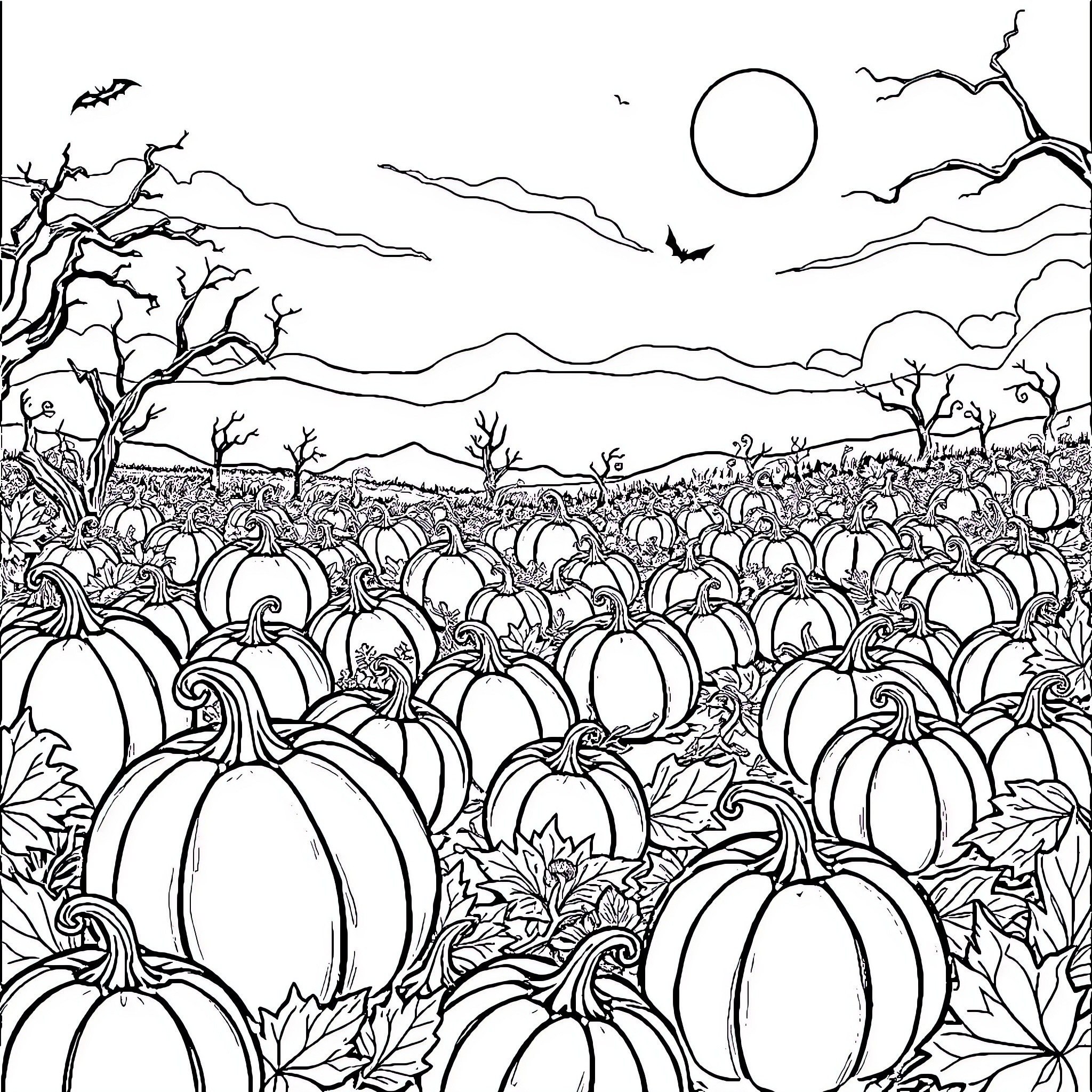 Pumpkin patch under the moonlight Coloring Page (free black-and-white line drawing printable PDF for all, from beginners to advanced learners, including children, teens, adults, and seniors)
