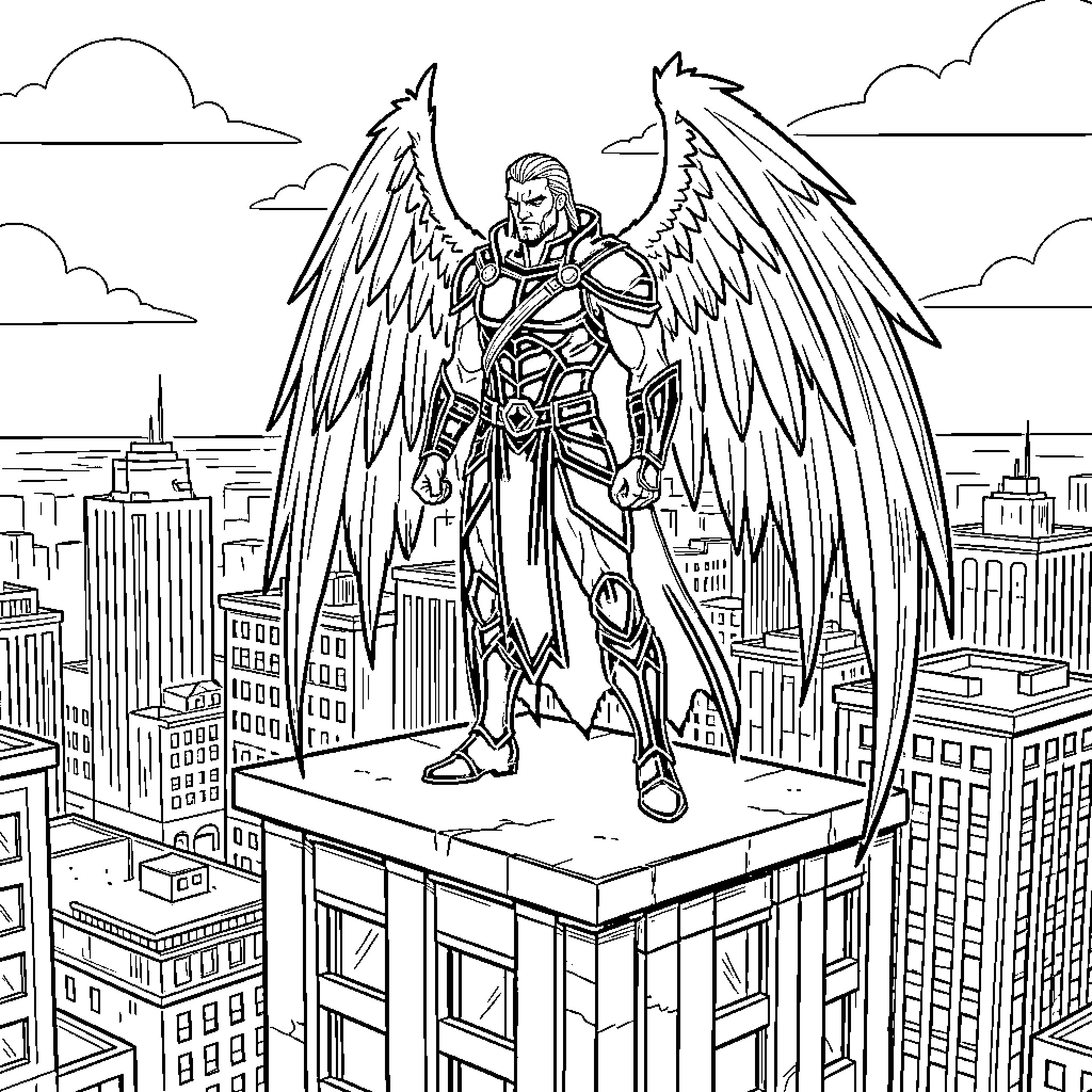 Angel standing heroically atop a tall city building Coloring Page (free black-and-white line drawing printable PDF for all, from beginners to advanced learners, including children, teens, adults, and seniors)