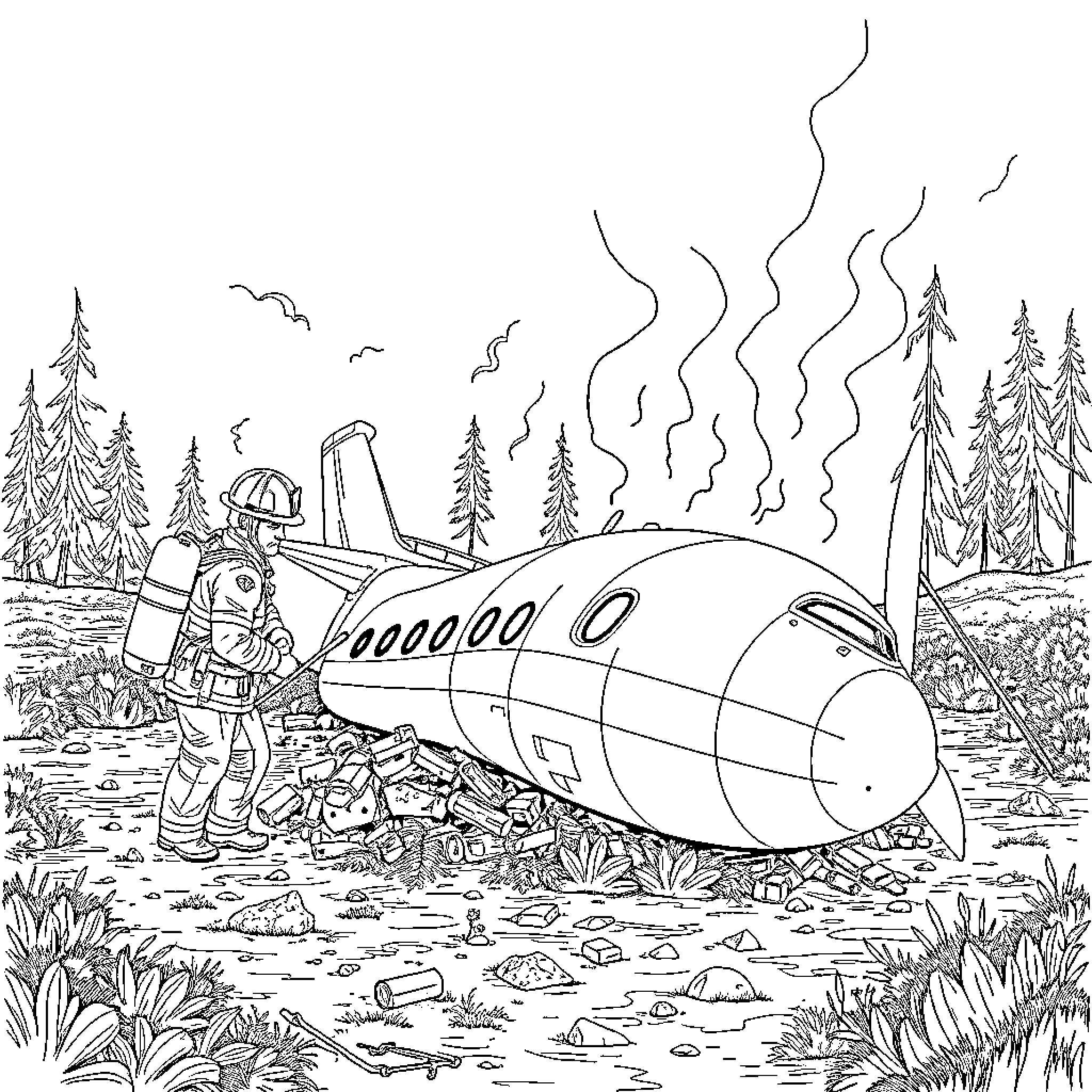 Firefighter responding to crashed spacecraft in the wilderness Coloring Page (free black-and-white line drawing printable PDF for all, from beginners to advanced learners, including children, teens, adults, and seniors)