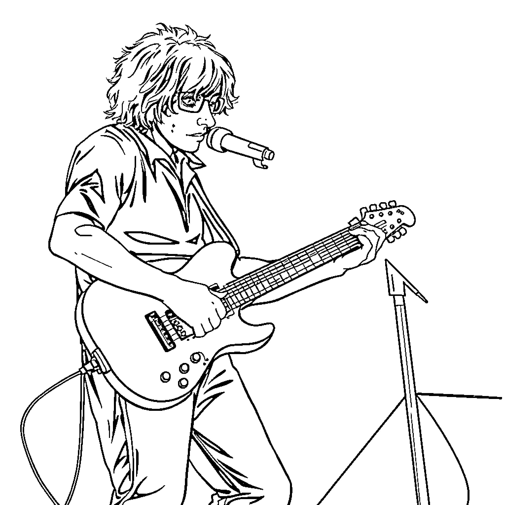 Guitarist performing on stage with electric guitar Coloring Page (free black-and-white line drawing printable PDF for all, from beginners to advanced learners, including children, teens, adults, and seniors)