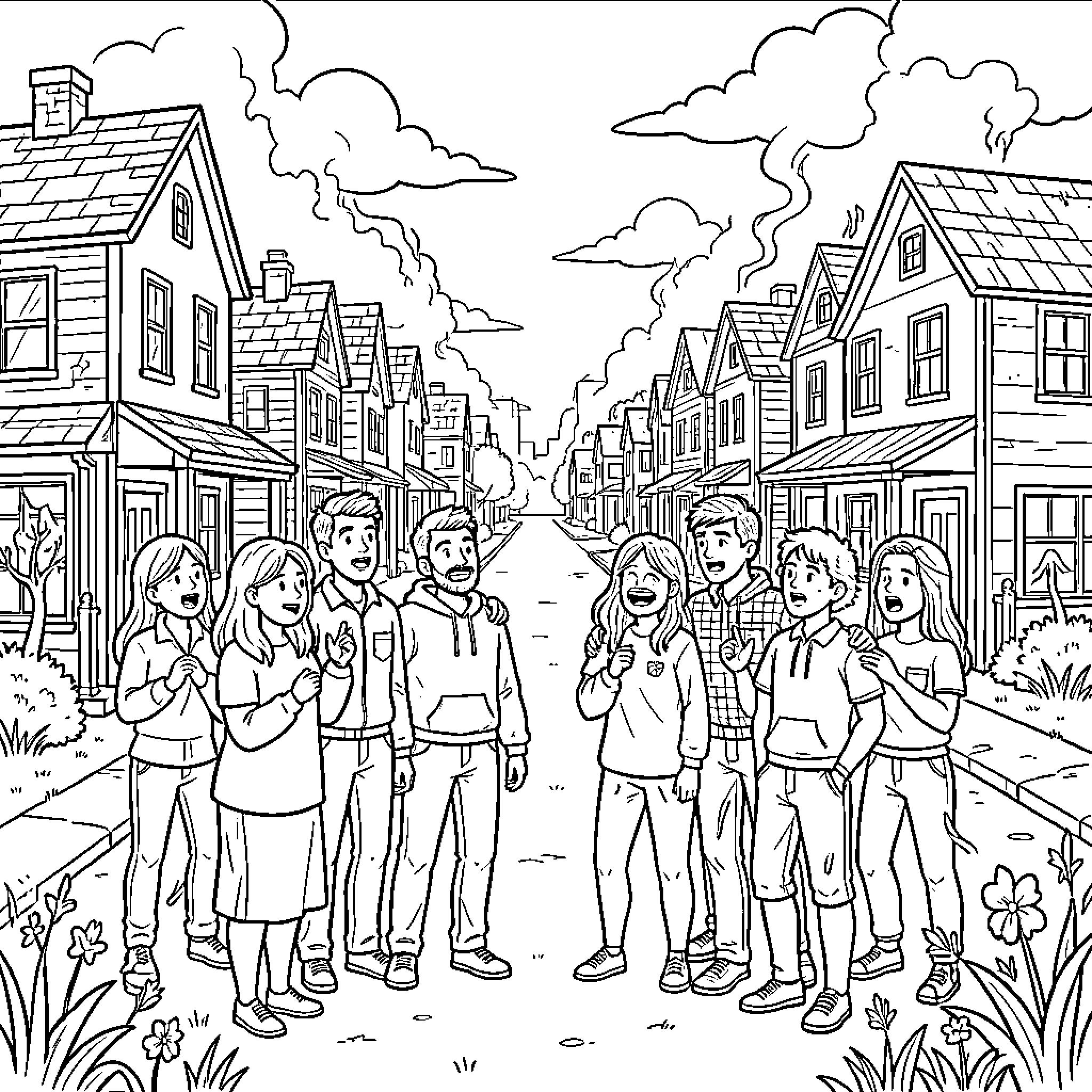 Stranger Things: Youthful Gathering in Quaint Town Coloring Page (free black-and-white line drawing printable PDF for all, from beginners to advanced learners, including children, teens, adults, and seniors)