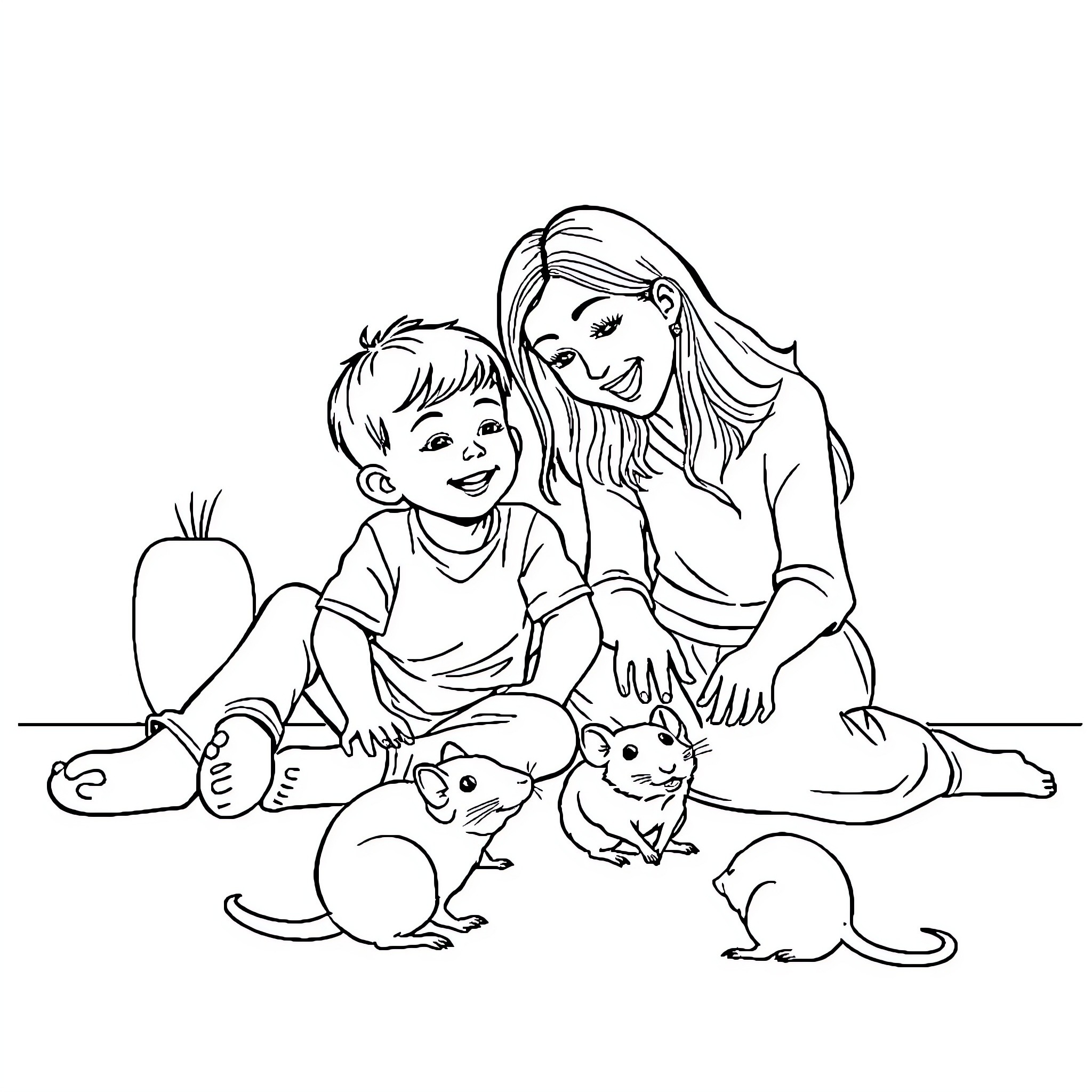 Rat siblings playing joyfully with caring mother Coloring Page (free black-and-white line drawing printable PDF for all, from beginners to advanced learners, including children, teens, adults, and seniors)
