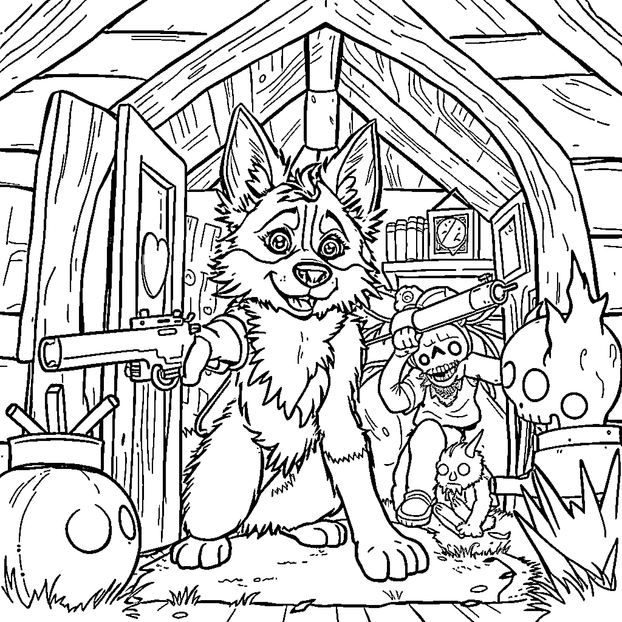 Bluey Exploring a Cozy Backyard Hideaway Coloring Page (free black-and-white line drawing printable PDF for all, from beginners to advanced learners, including children, teens, adults, and seniors)