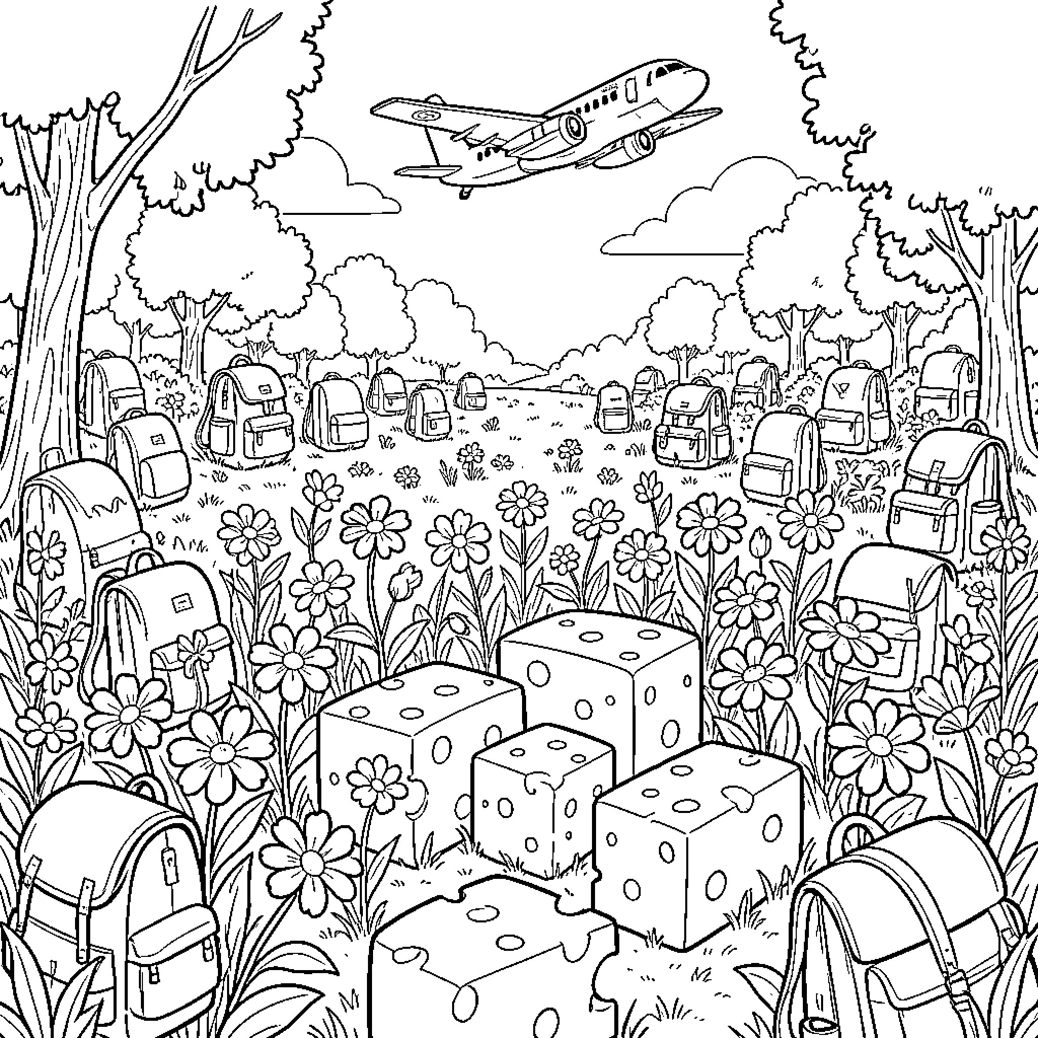 Flower field filled with backpacks and floating cheese Coloring Page (free black-and-white line drawing printable PDF for all, from beginners to advanced learners, including children, teens, adults, and seniors)