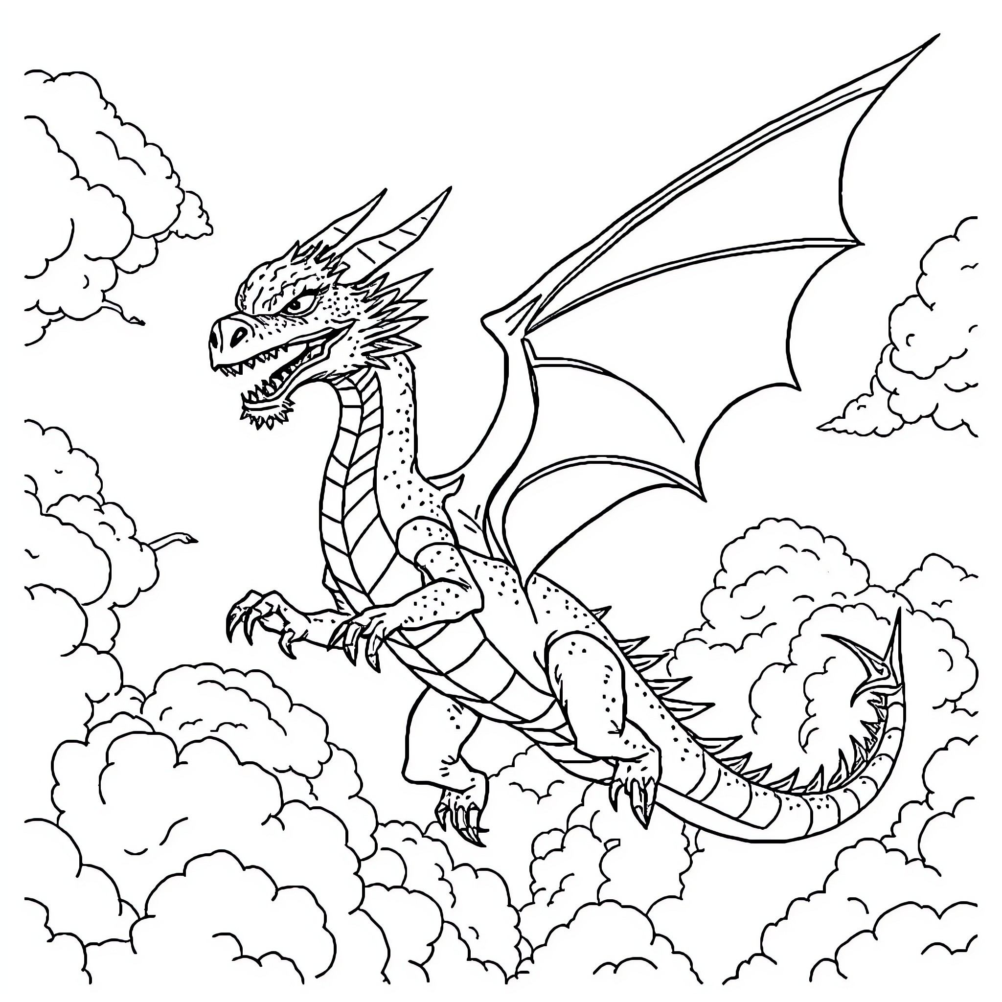 Dragon soaring through clouds with open wings Coloring Page (free black-and-white line drawing printable PDF for all, from beginners to advanced learners, including children, teens, adults, and seniors)