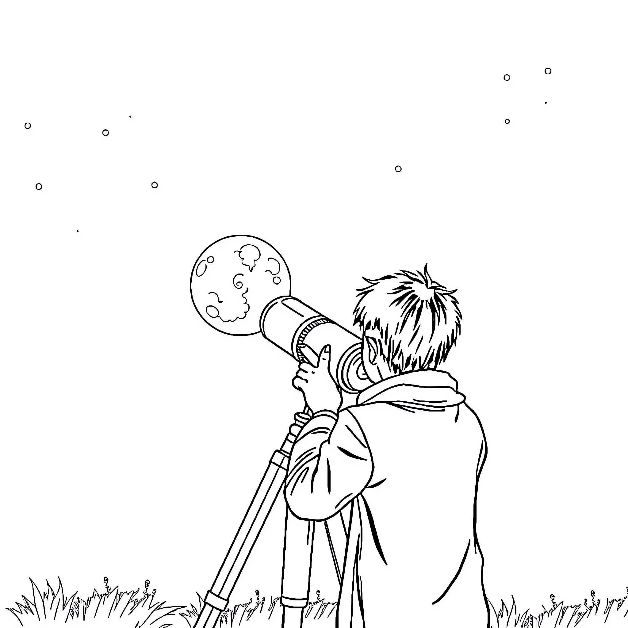Telescope observing the night sky Coloring Page (free black-and-white line drawing printable PDF for all, from beginners to advanced learners, including children, teens, adults, and seniors)