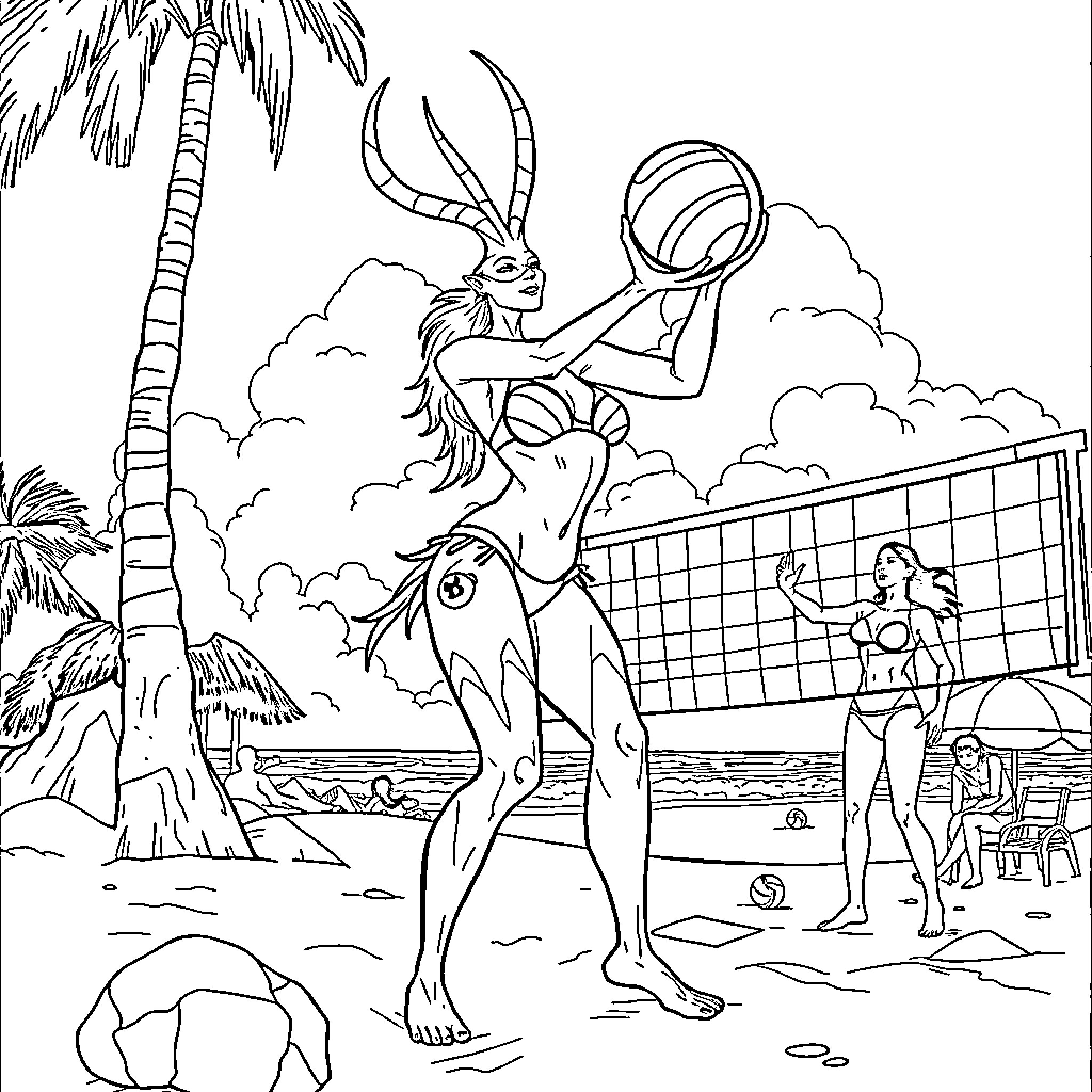 Elesh Norn enjoying a beachside volleyball game Coloring Page (free black-and-white line drawing printable PDF for all, from beginners to advanced learners, including children, teens, adults, and seniors)