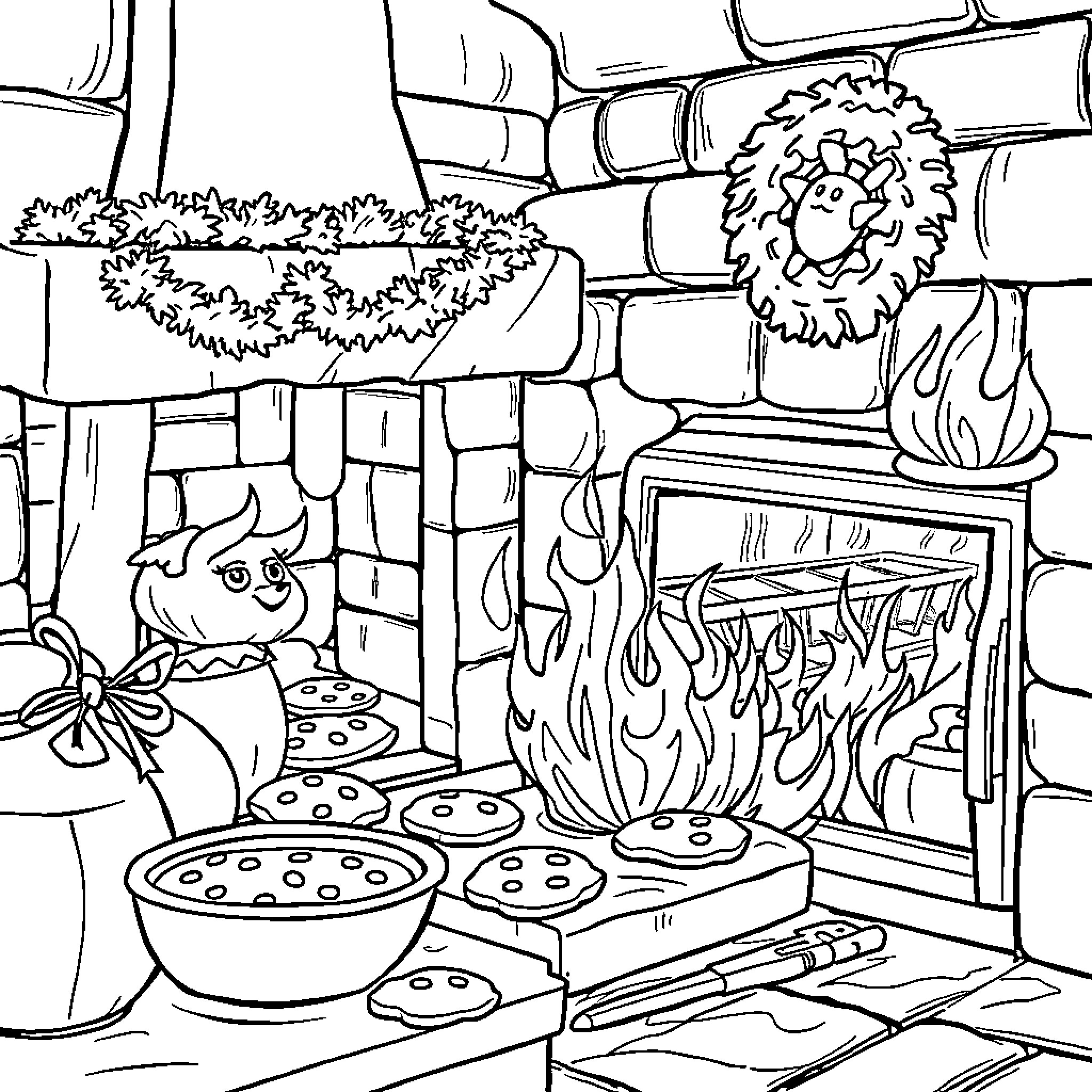 Cookie baking scene with a fireplace Coloring Page (free black-and-white line drawing printable PDF for all, from beginners to advanced learners, including children, teens, adults, and seniors)