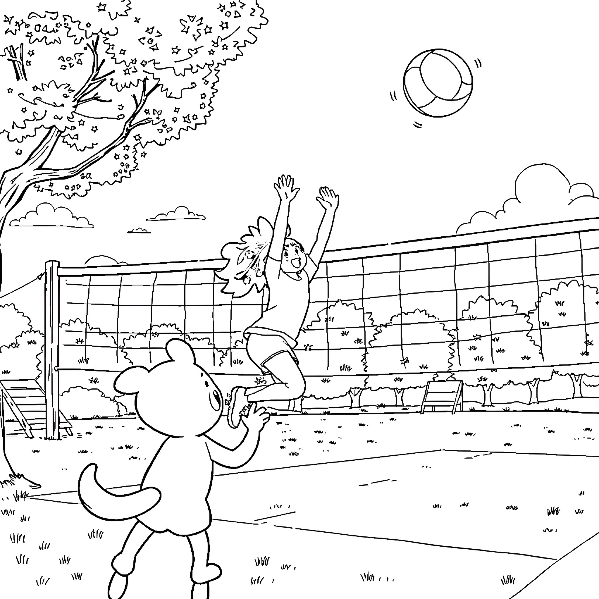Kuromi playing volleyball with friends in the park Coloring Page (free black-and-white line drawing printable PDF for all, from beginners to advanced learners, including children, teens, adults, and seniors)