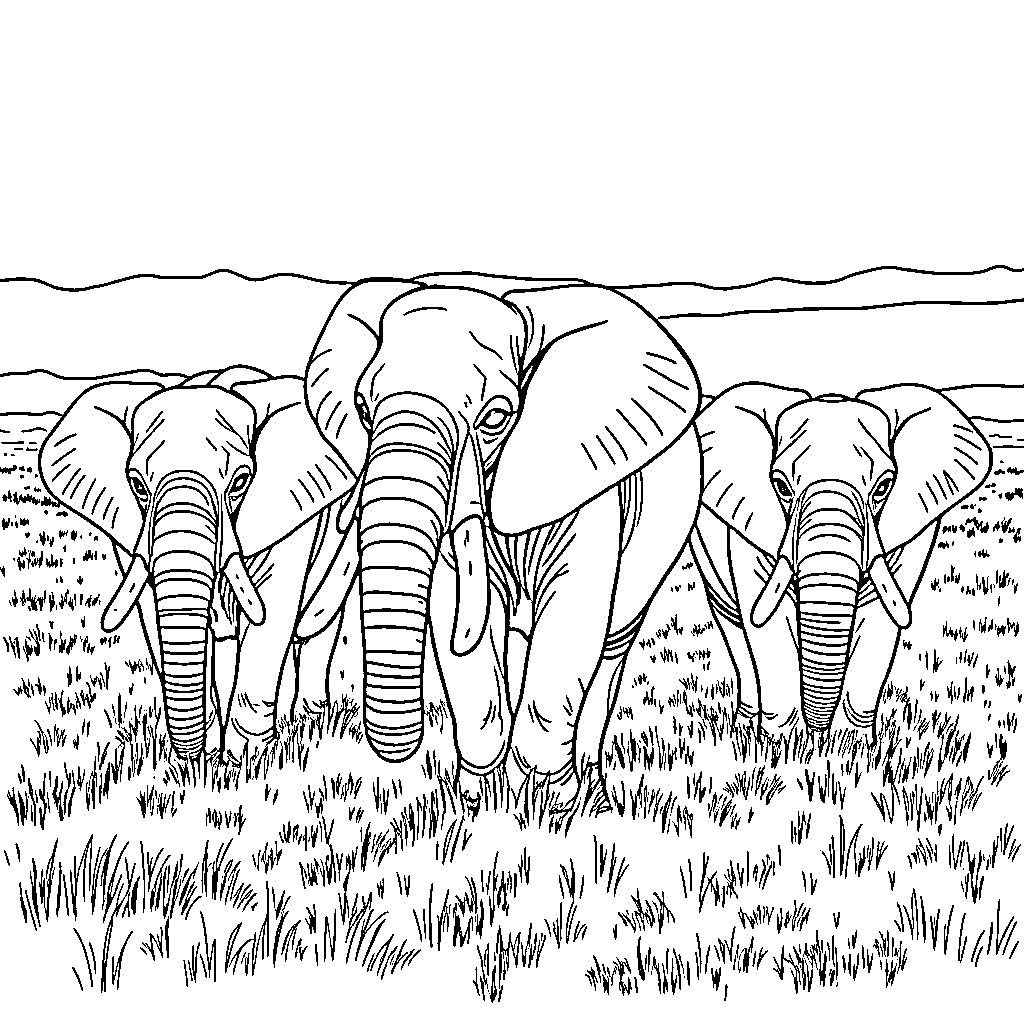 Elephant herd walking through the grasslands Coloring Page (free black-and-white line drawing printable PDF for all, from beginners to advanced learners, including children, teens, adults, and seniors)
