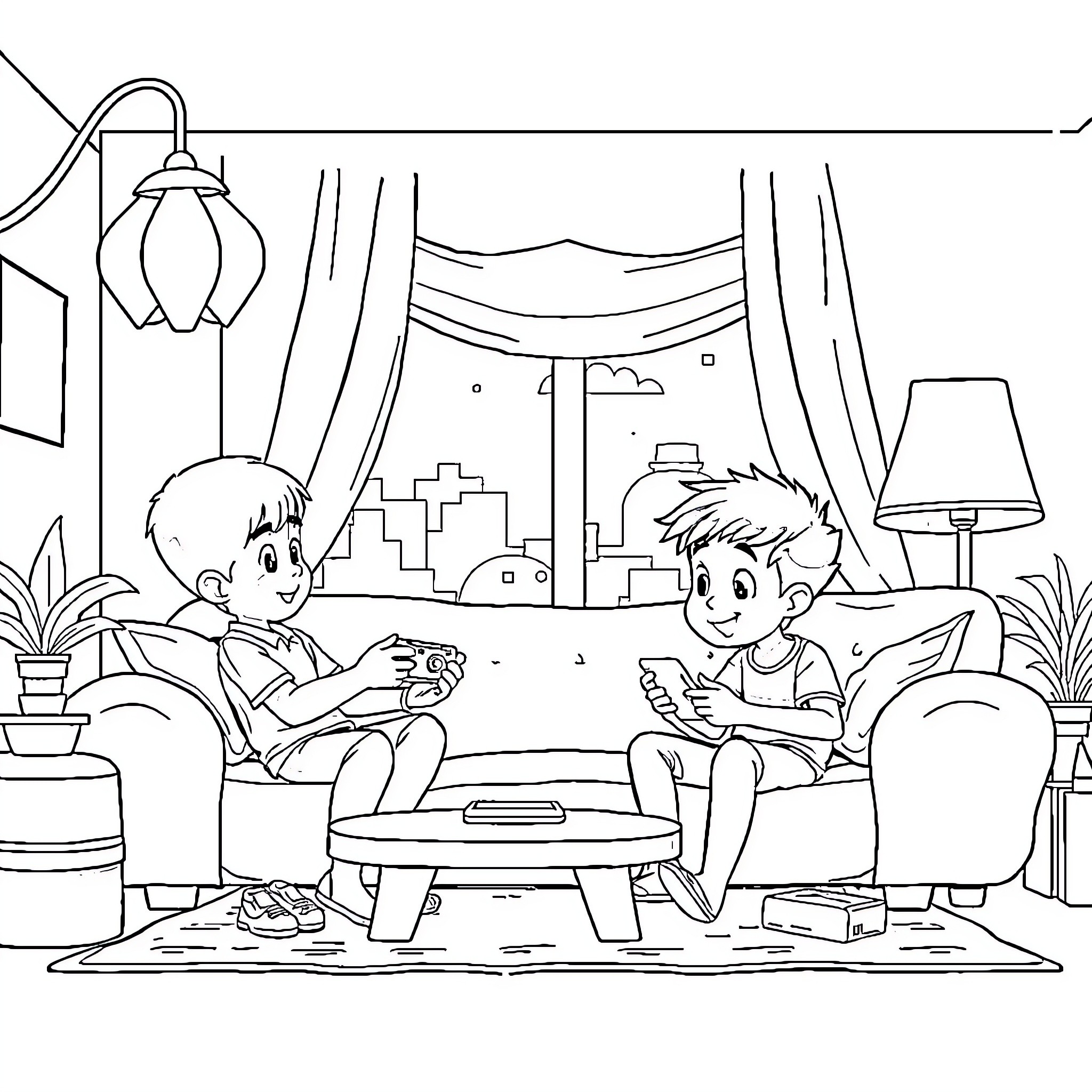 Pumuda: Two boys playing video games in cozy living room Coloring Page (free black-and-white line drawing printable PDF for all, from beginners to advanced learners, including children, teens, adults, and seniors)