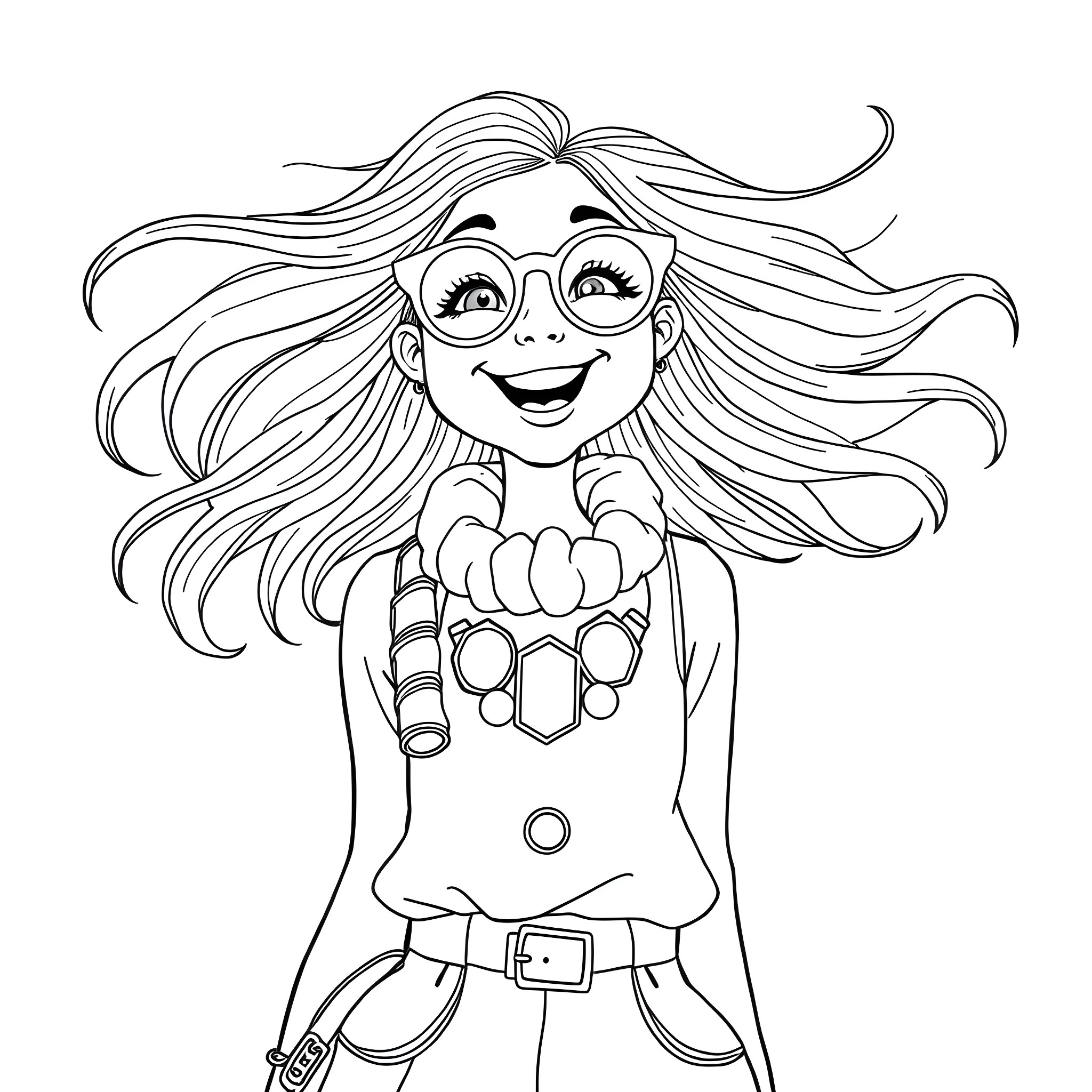 Woman with long flowing hair and cheerful expression Coloring Page (free black-and-white line drawing printable PDF for all, from beginners to advanced learners, including children, teens, adults, and seniors)