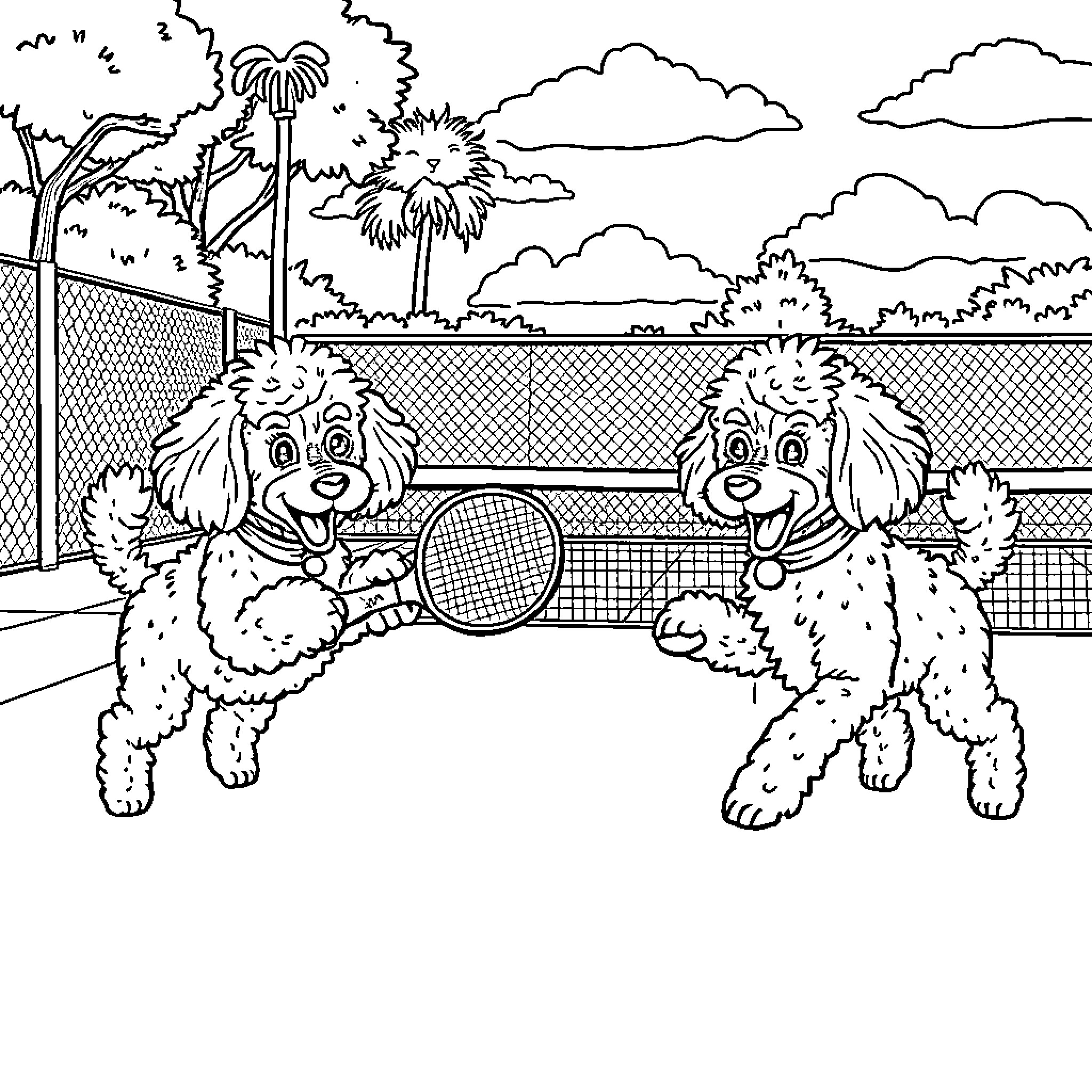 Poodle Dogs Playing Tennis on Court Coloring Page (free black-and-white line drawing printable PDF for all, from beginners to advanced learners, including children, teens, adults, and seniors)