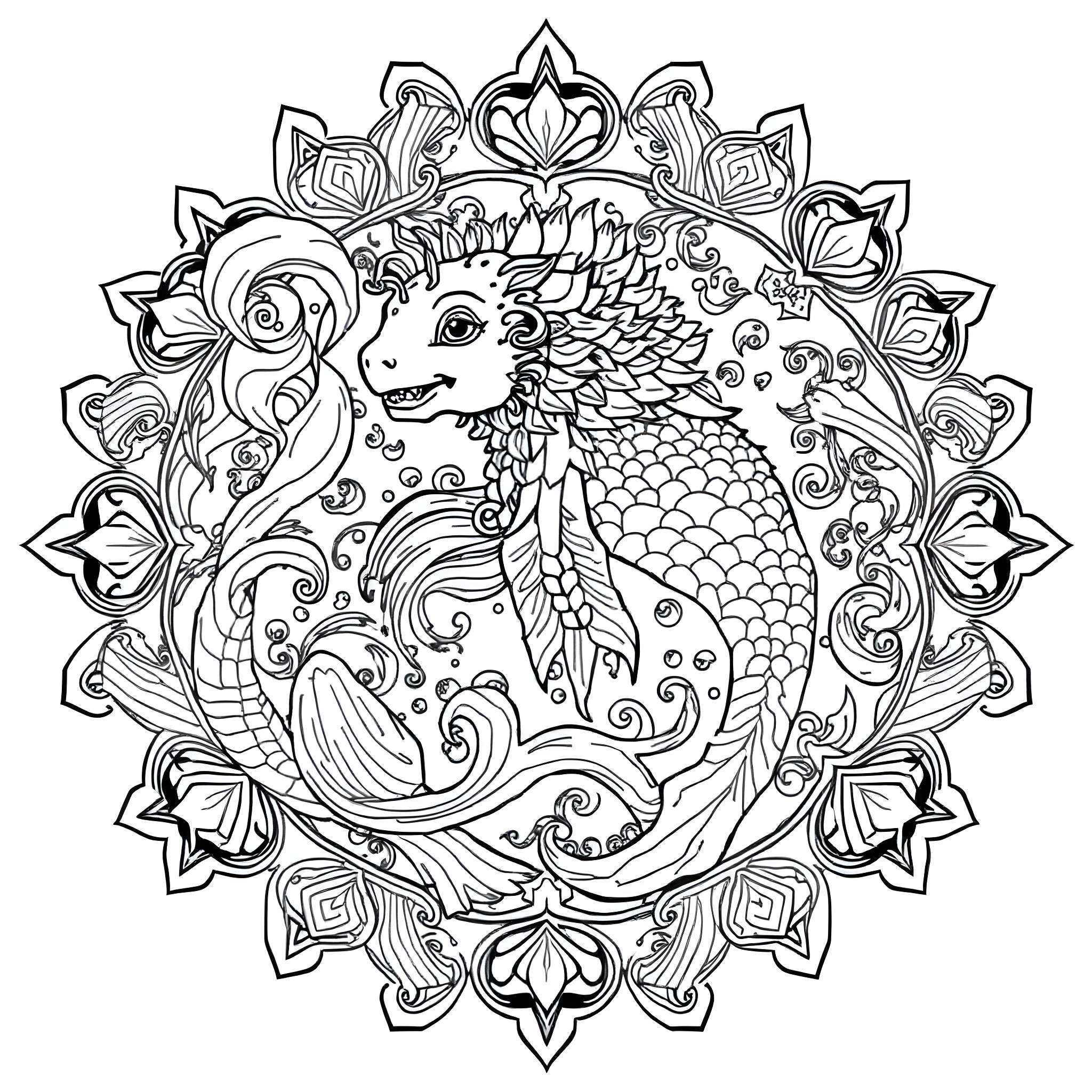 Seabeast in Ornate Floral Mandala Coloring Page (free black-and-white line drawing printable PDF for all, from beginners to advanced learners, including children, teens, adults, and seniors)