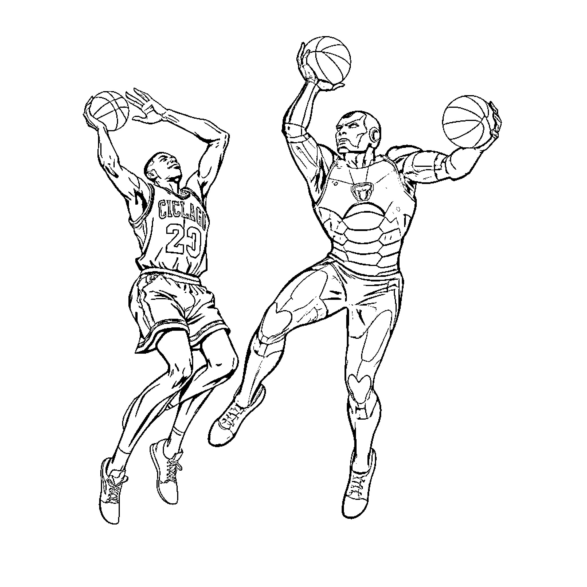 Ironman basketball players in action Coloring Page (free black-and-white line drawing printable PDF for all, from beginners to advanced learners, including children, teens, adults, and seniors)