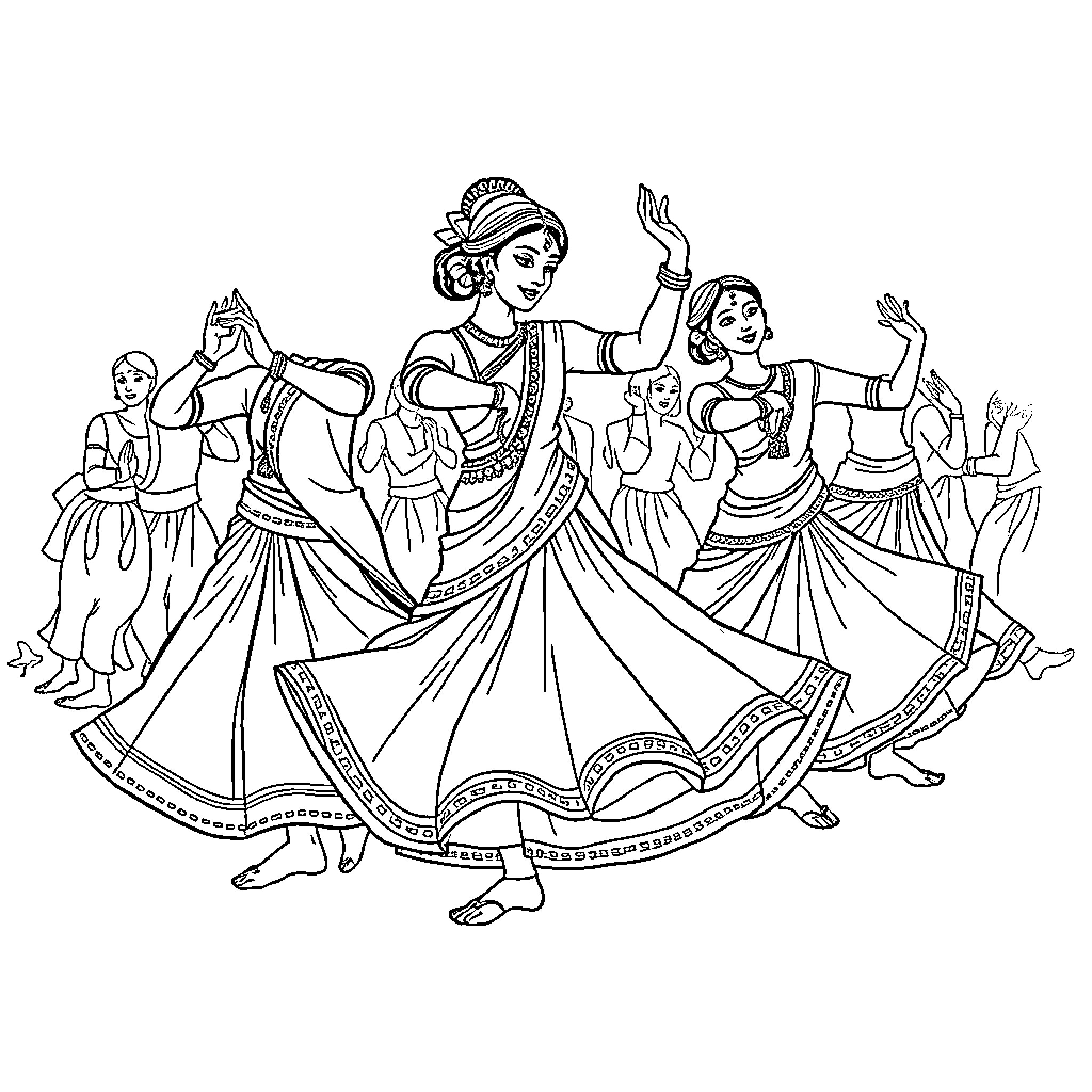 Kathak Dance Performance with Elegant Costumes and Expressions Coloring Page (free black-and-white line drawing printable PDF for all, from beginners to advanced learners, including children, teens, adults, and seniors)