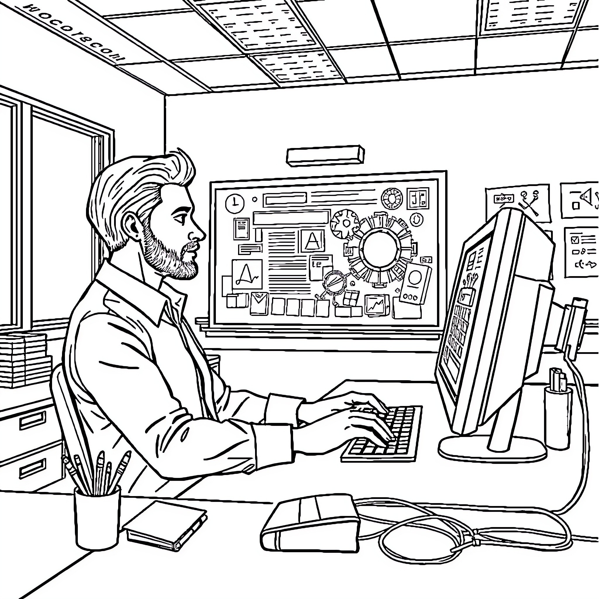 Teacher working diligently at his desk in the classroom Coloring Page (free black-and-white line drawing printable PDF for all, from beginners to advanced learners, including children, teens, adults, and seniors)