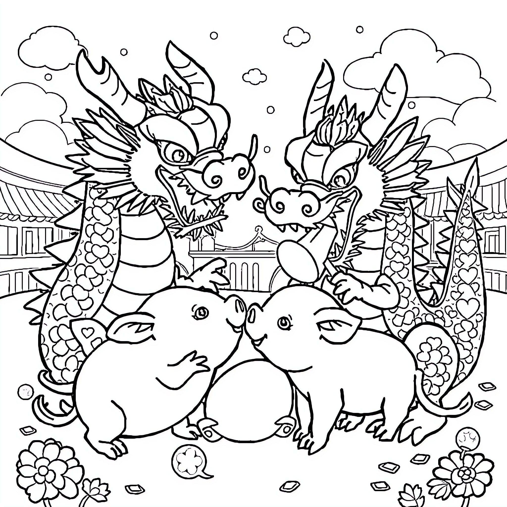 Dragon-like creatures in a fantastical scene Coloring Page (free black-and-white line drawing printable PDF for all, from beginners to advanced learners, including children, teens, adults, and seniors)
