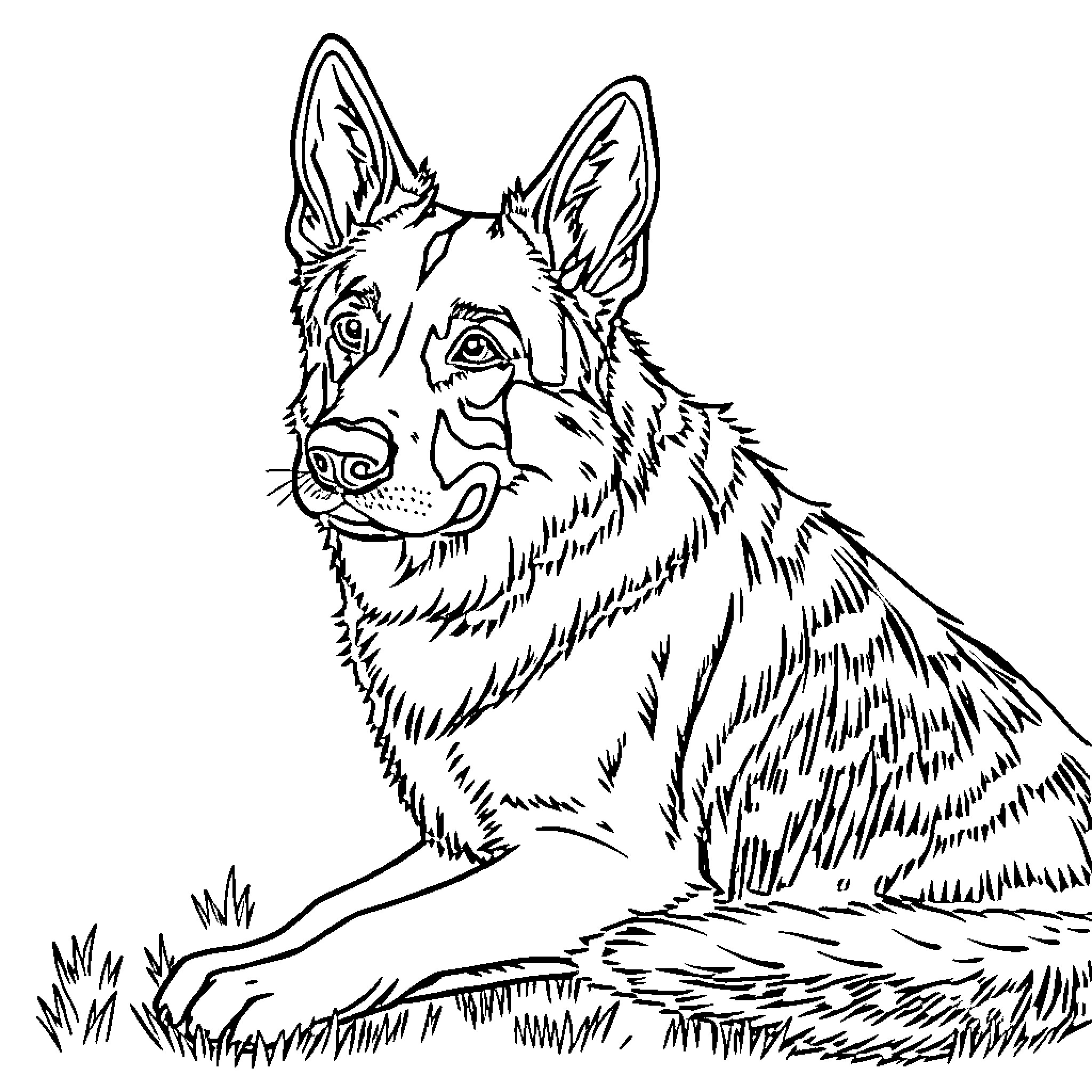 German Shepherd resting in the wilderness Coloring Page (free black-and-white line drawing printable PDF for all, from beginners to advanced learners, including children, teens, adults, and seniors)