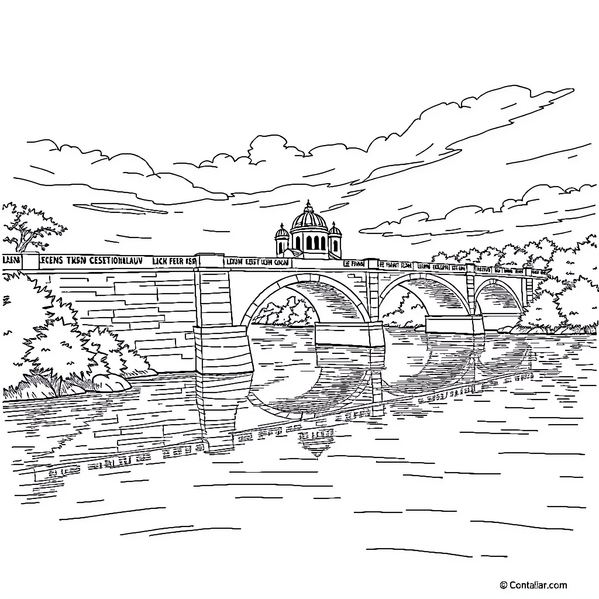 Pond with historic stone bridge and cityscape Coloring Page (free black-and-white line drawing printable PDF for all, from beginners to advanced learners, including children, teens, adults, and seniors)