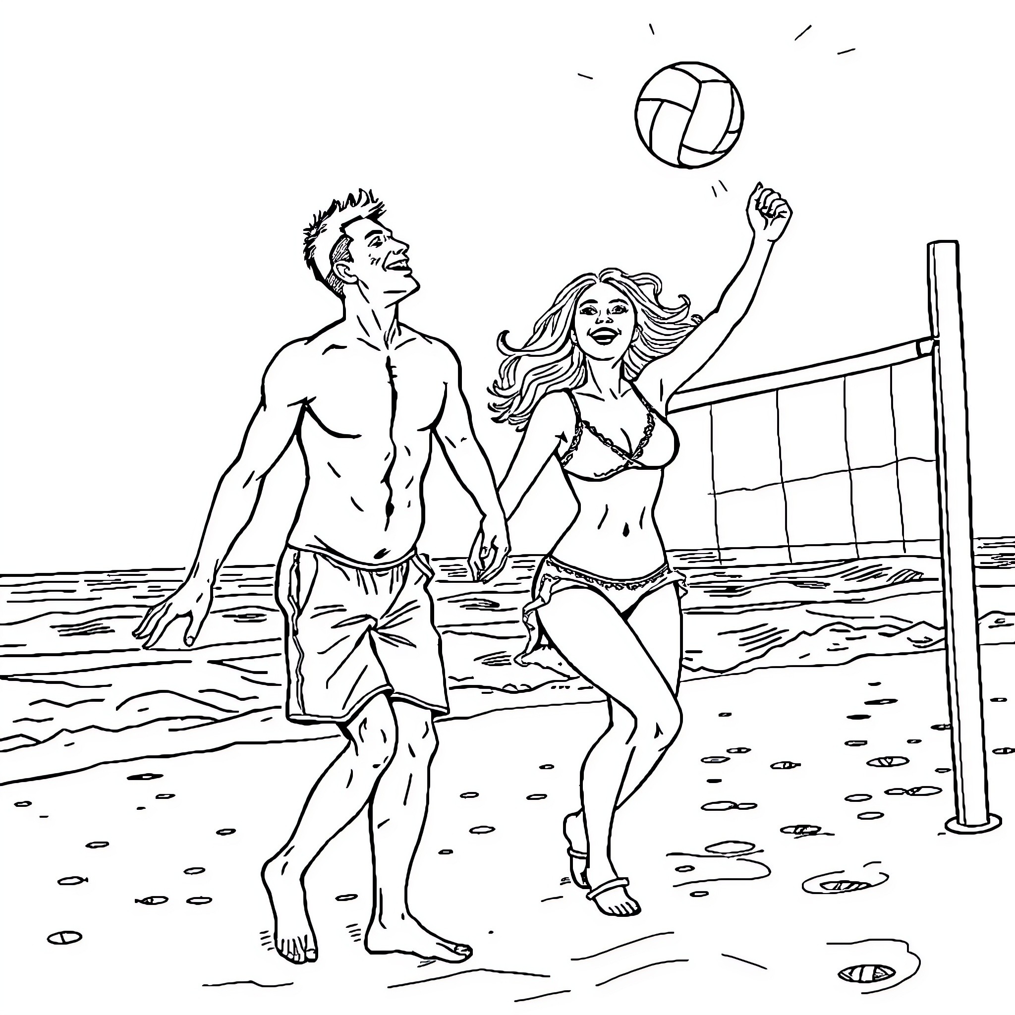 Mari et Mariée Playing Beach Volleyball Coloring Page (free black-and-white line drawing printable PDF for all, from beginners to advanced learners, including children, teens, adults, and seniors)