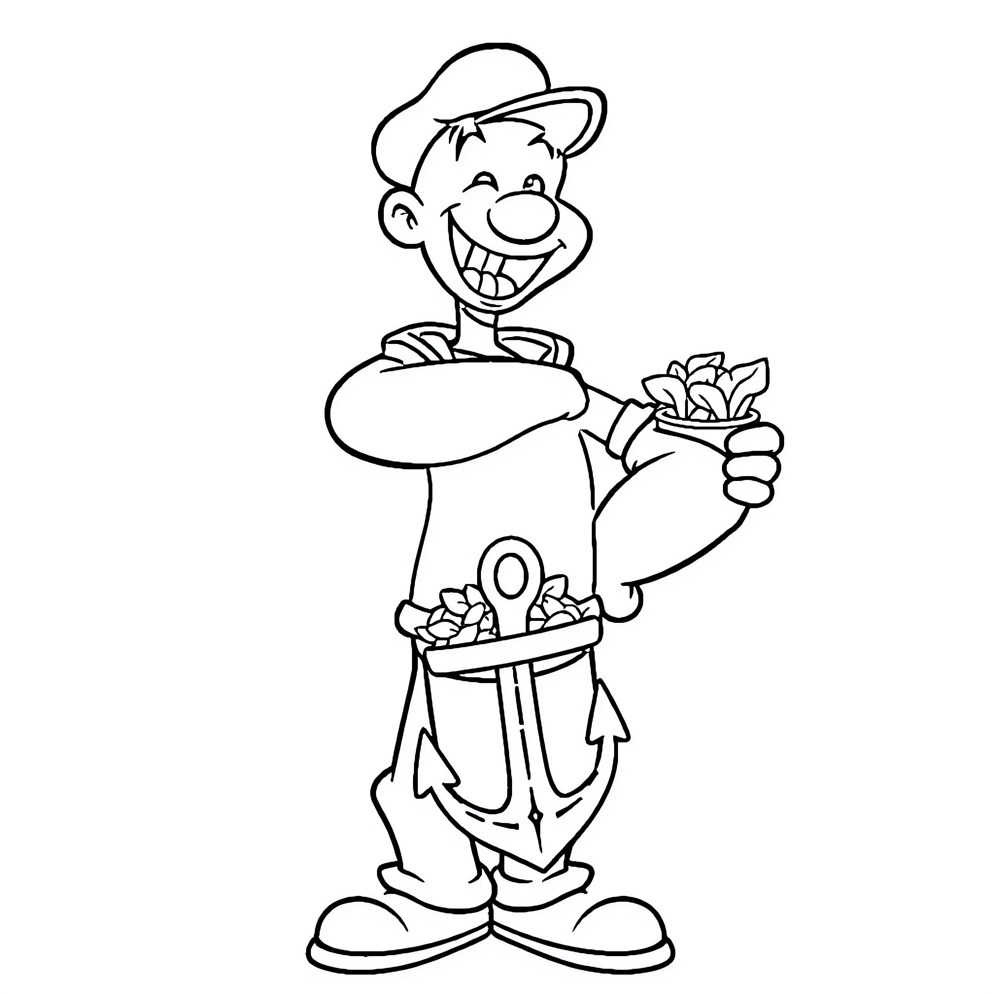 Popeye the Sailor Man holding anchor and food Coloring Page (free black-and-white line drawing printable PDF for all, from beginners to advanced learners, including children, teens, adults, and seniors)