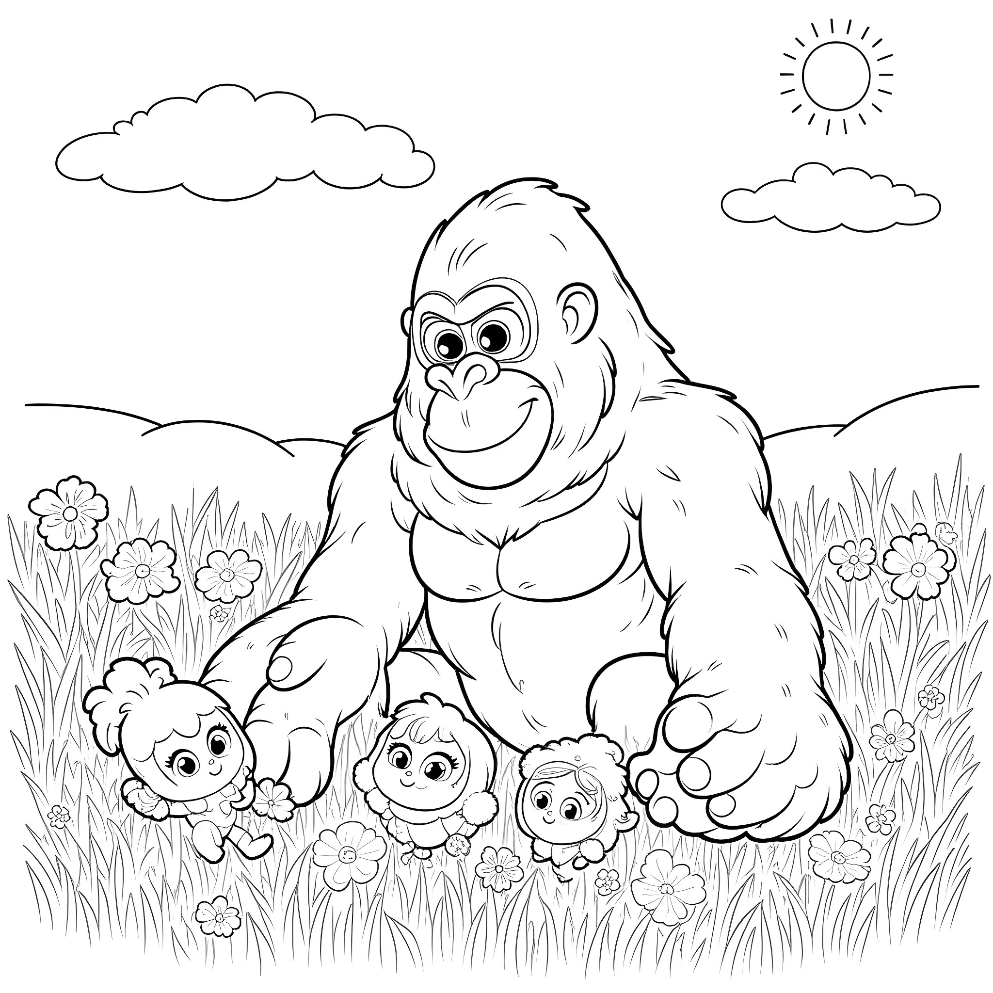 King Kong and his cute baby gorillas playing in the wild Coloring Page (free black-and-white line drawing printable PDF for all, from beginners to advanced learners, including children, teens, adults, and seniors)