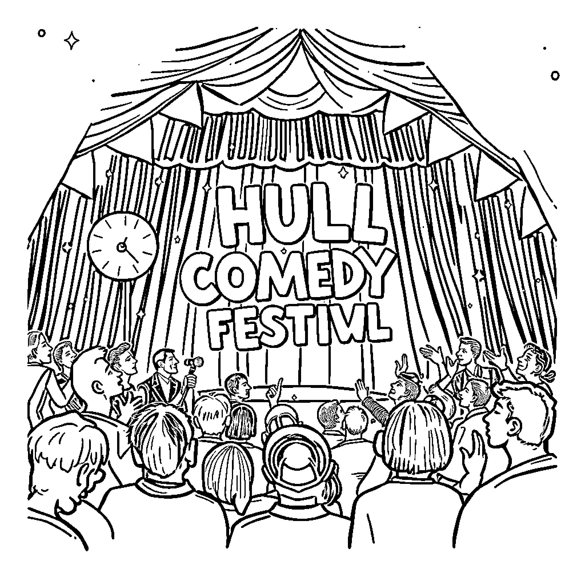 Comedy festival performance on stage Coloring Page (free black-and-white line drawing printable PDF for all, from beginners to advanced learners, including children, teens, adults, and seniors)