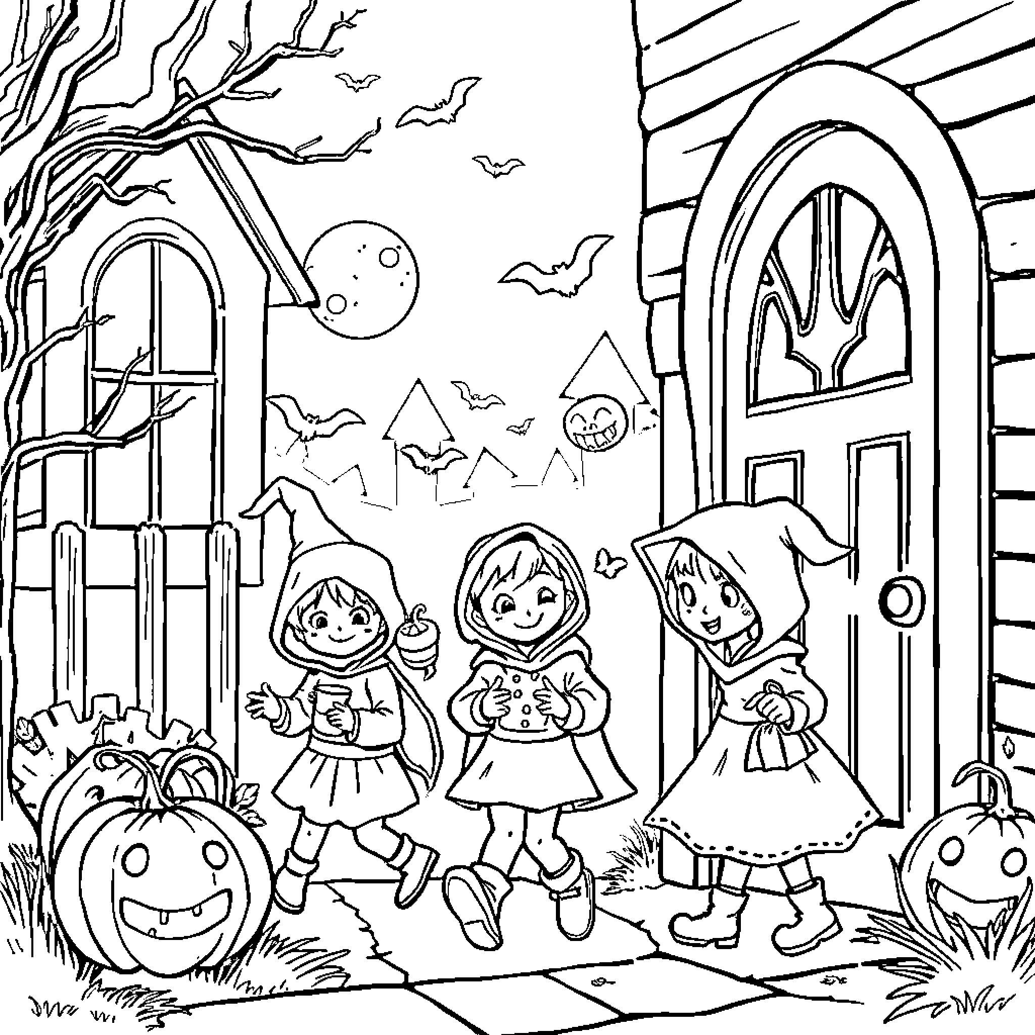 Halloween Kids Trick-or-Treating in Spooky Neighborhood Coloring Page (free black-and-white line drawing printable PDF for all, from beginners to advanced learners, including children, teens, adults, and seniors)