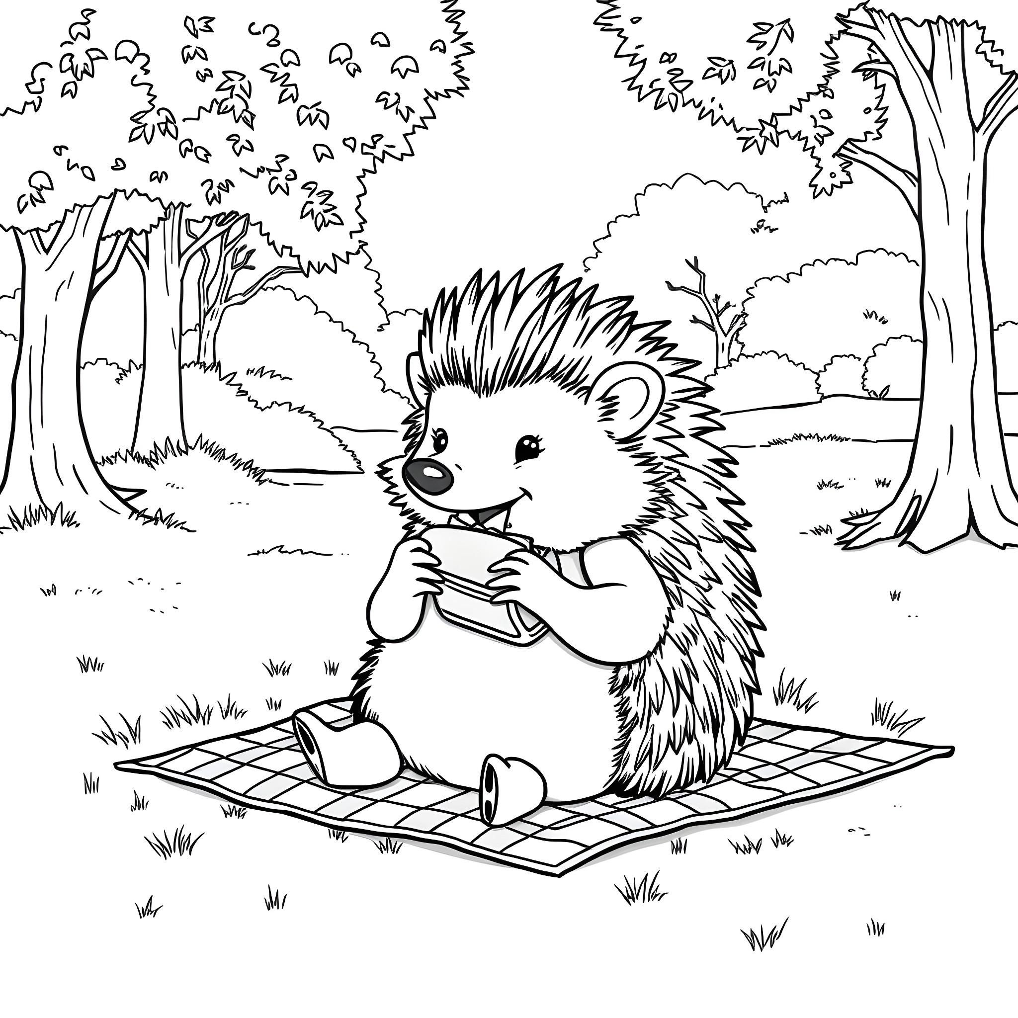 Hedgehog having a picnic in the forest Coloring Page (free black-and-white line drawing printable PDF for all, from beginners to advanced learners, including children, teens, adults, and seniors)