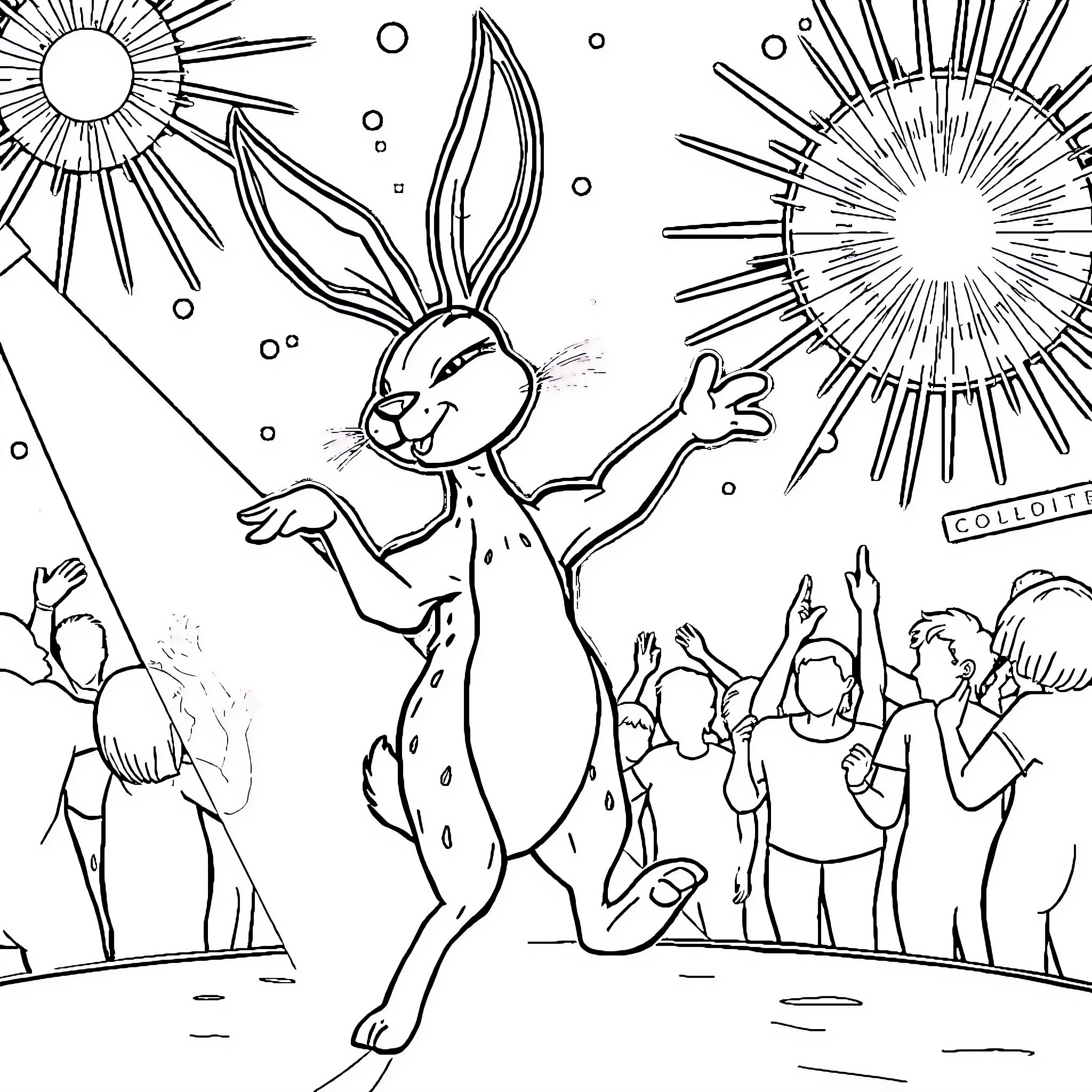 Jackalope dancing joyfully with people under the sun Coloring Page (free black-and-white line drawing printable PDF for all, from beginners to advanced learners, including children, teens, adults, and seniors)