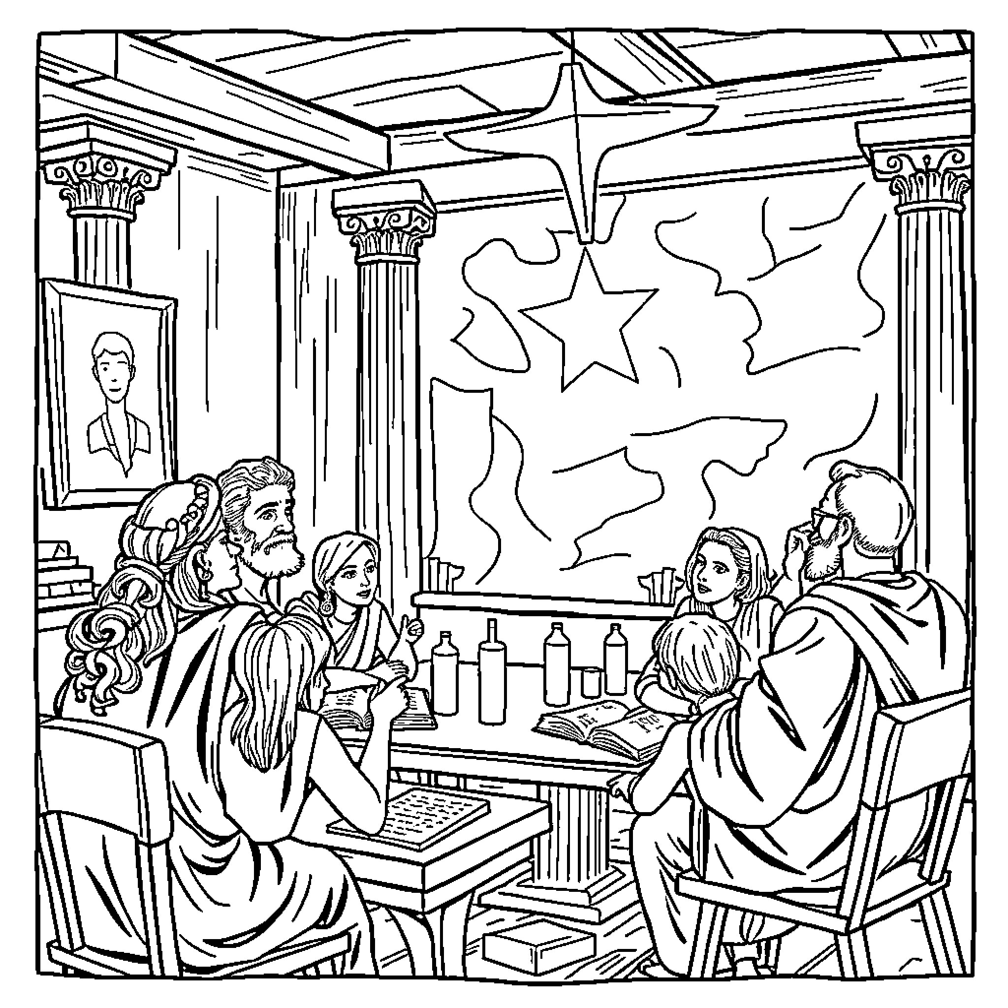 Aeschylus Presiding Over a Philosophical Discussion Coloring Page (free black-and-white line drawing printable PDF for all, from beginners to advanced learners, including children, teens, adults, and seniors)