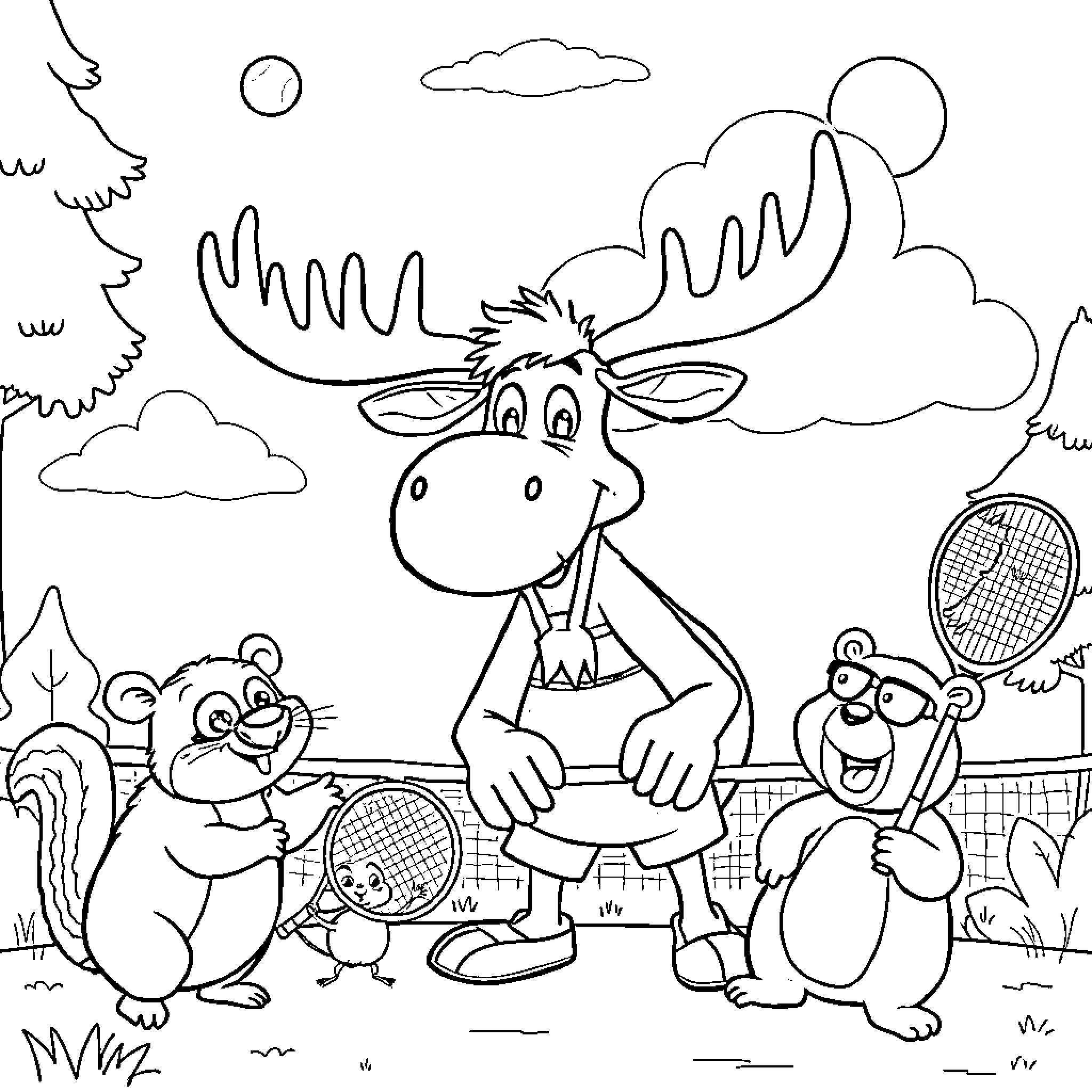 Moose playing with friends in the forest Coloring Page (free black-and-white line drawing printable PDF for all, from beginners to advanced learners, including children, teens, adults, and seniors)