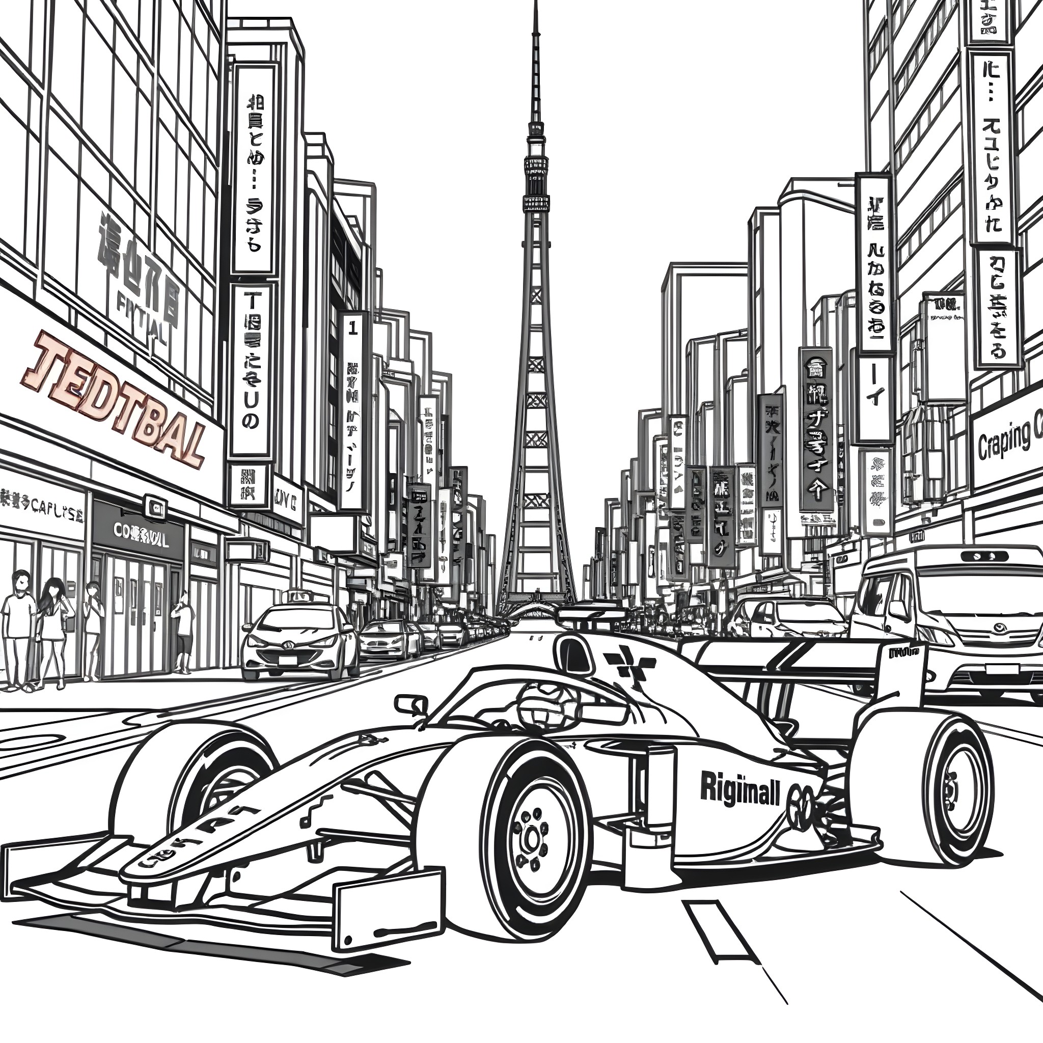 F1 Car Racing on Busy City Street Coloring Page (free black-and-white line drawing printable PDF for all, from beginners to advanced learners, including children, teens, adults, and seniors)