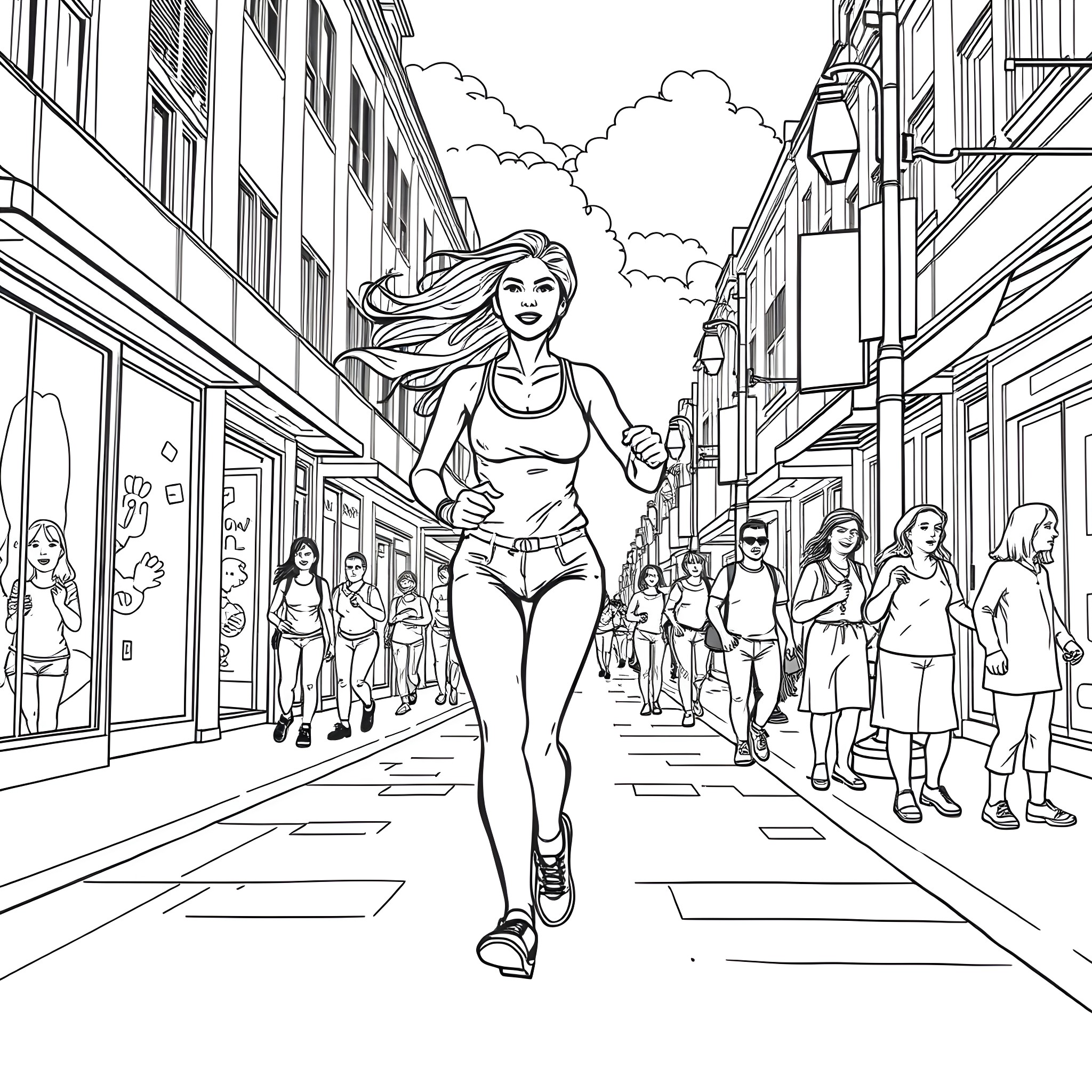 Woman walking confidently through city streets Coloring Page (free black-and-white line drawing printable PDF for all, from beginners to advanced learners, including children, teens, adults, and seniors)