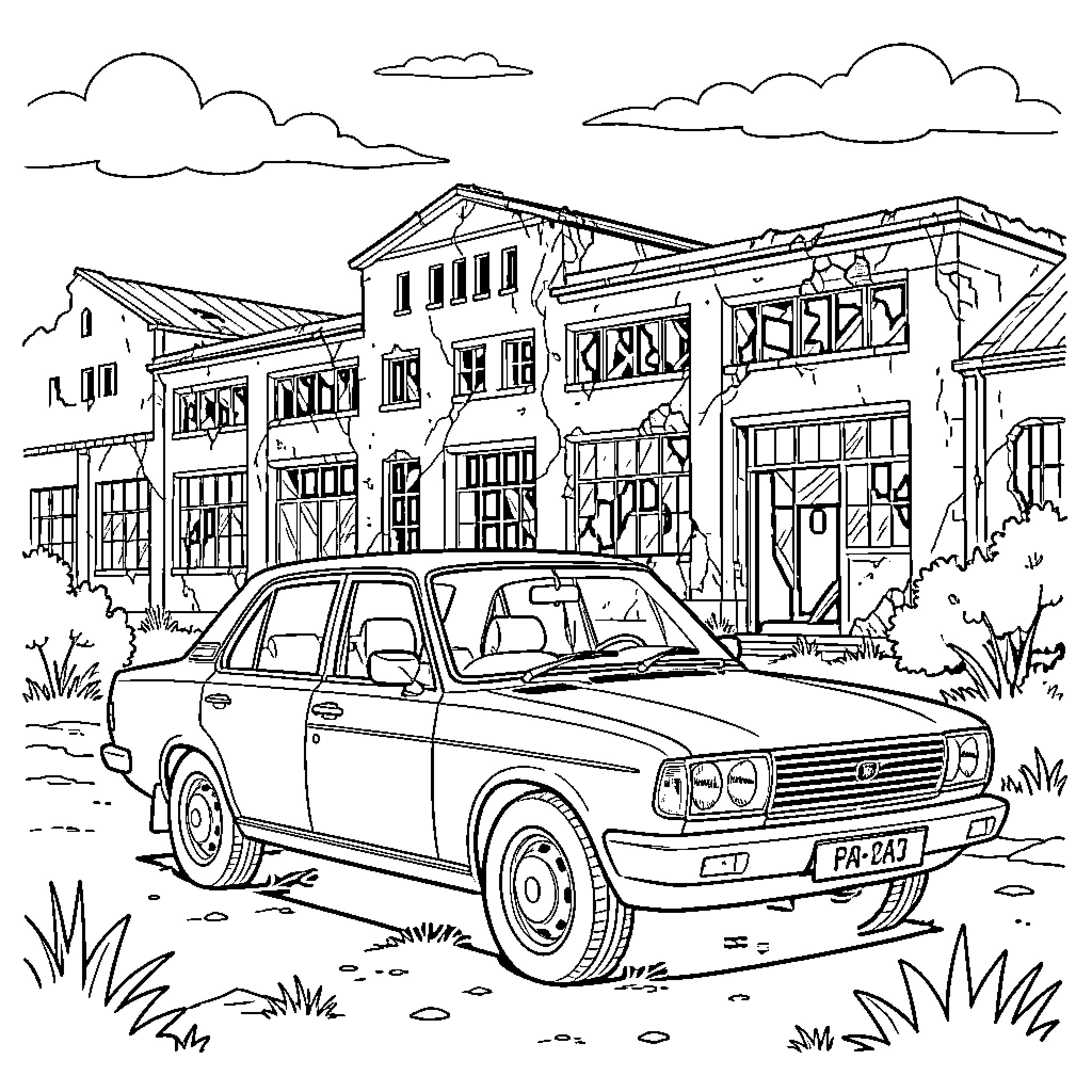 Ford Taunus parked in front of a ruined building Coloring Page (free black-and-white line drawing printable PDF for all, from beginners to advanced learners, including children, teens, adults, and seniors)