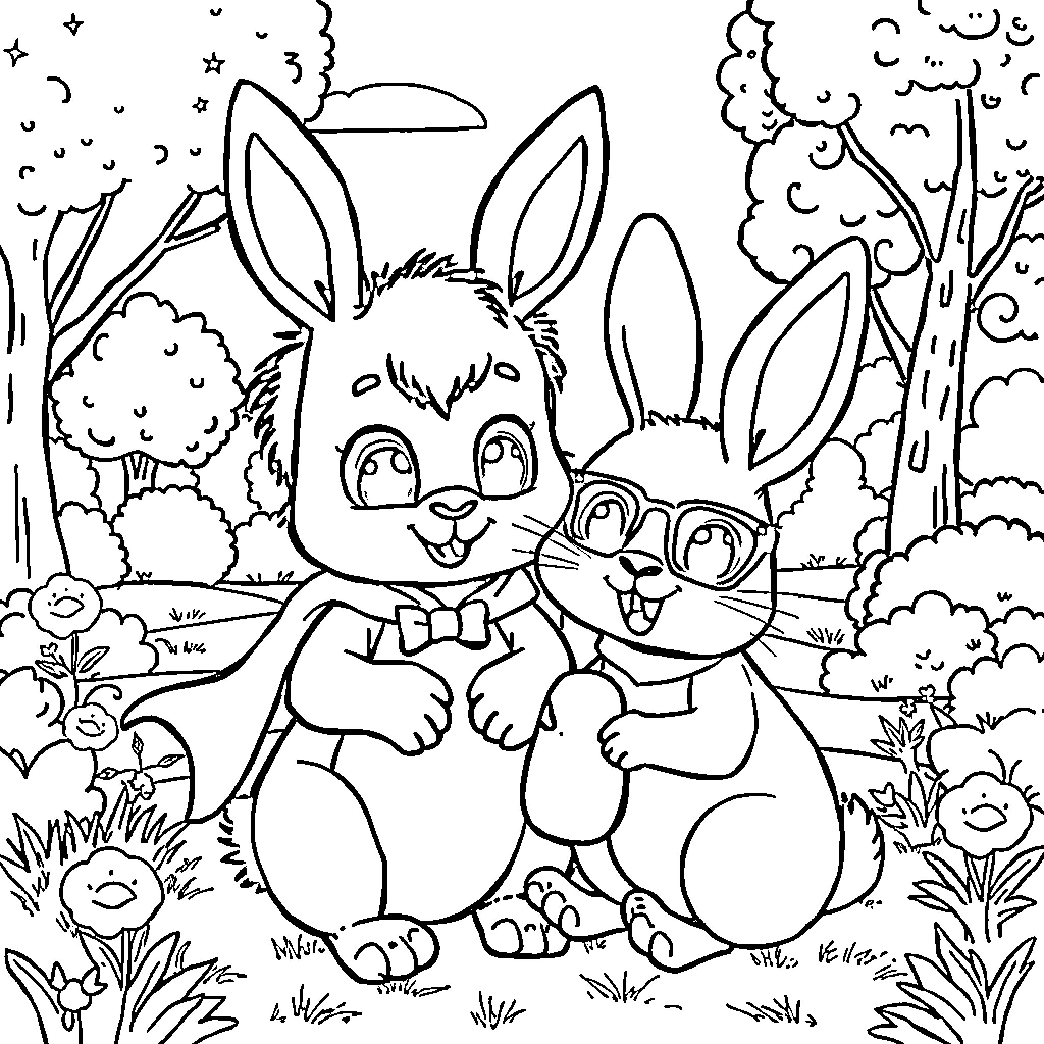 Conejo rabbits playing joyfully in a whimsical forest Coloring Page (free black-and-white line drawing printable PDF for all, from beginners to advanced learners, including children, teens, adults, and seniors)