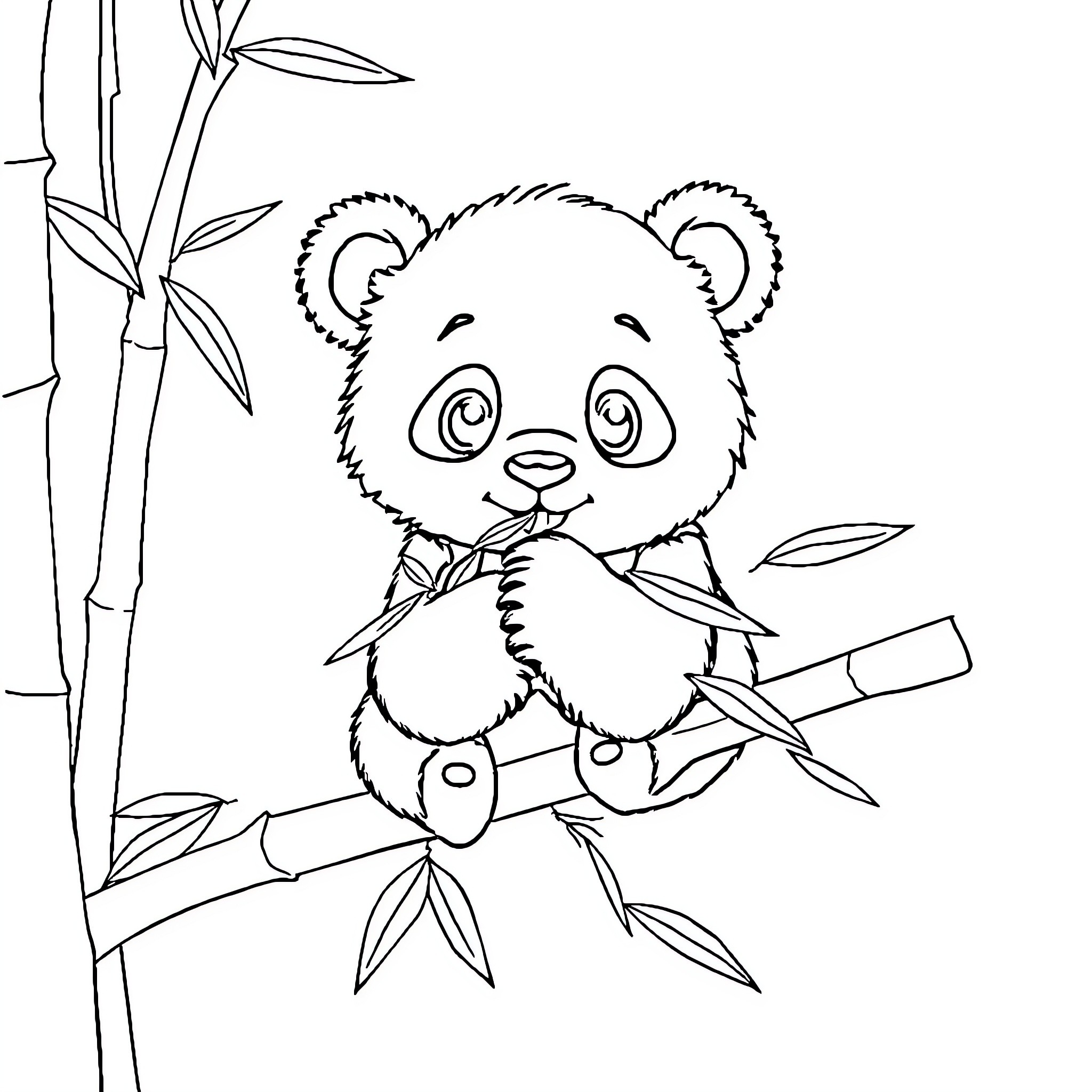 Panda cub playing with bamboo in the forest Coloring Page (free black-and-white line drawing printable PDF for all, from beginners to advanced learners, including children, teens, adults, and seniors)