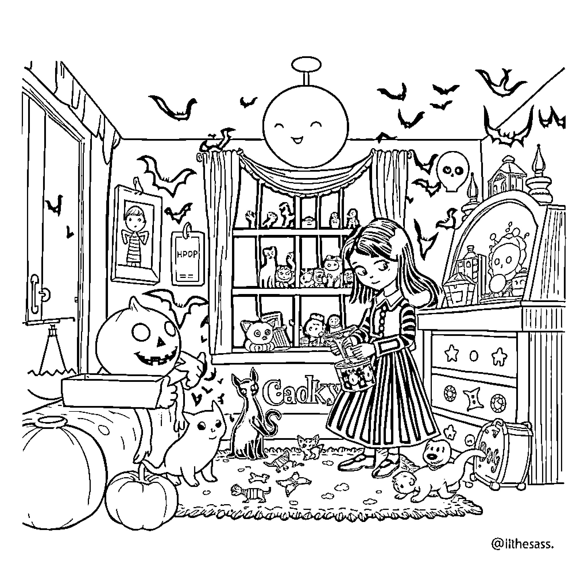 Wednesday's Spooky Celebration with Costumed Companions Coloring Page (free black-and-white line drawing printable PDF for all, from beginners to advanced learners, including children, teens, adults, and seniors)