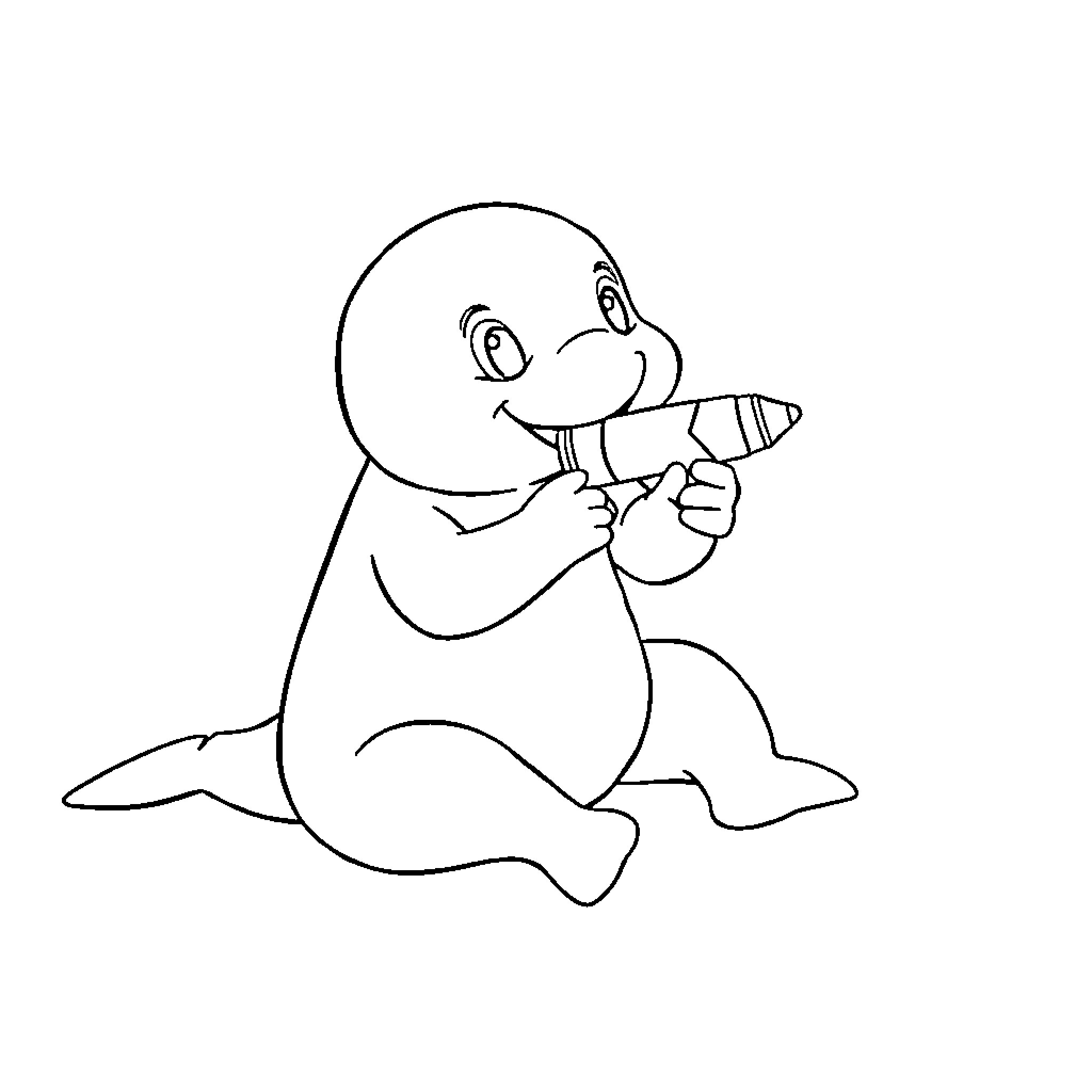 Marine creature happily using pencil Coloring Page (free black-and-white line drawing printable PDF for all, from beginners to advanced learners, including children, teens, adults, and seniors)