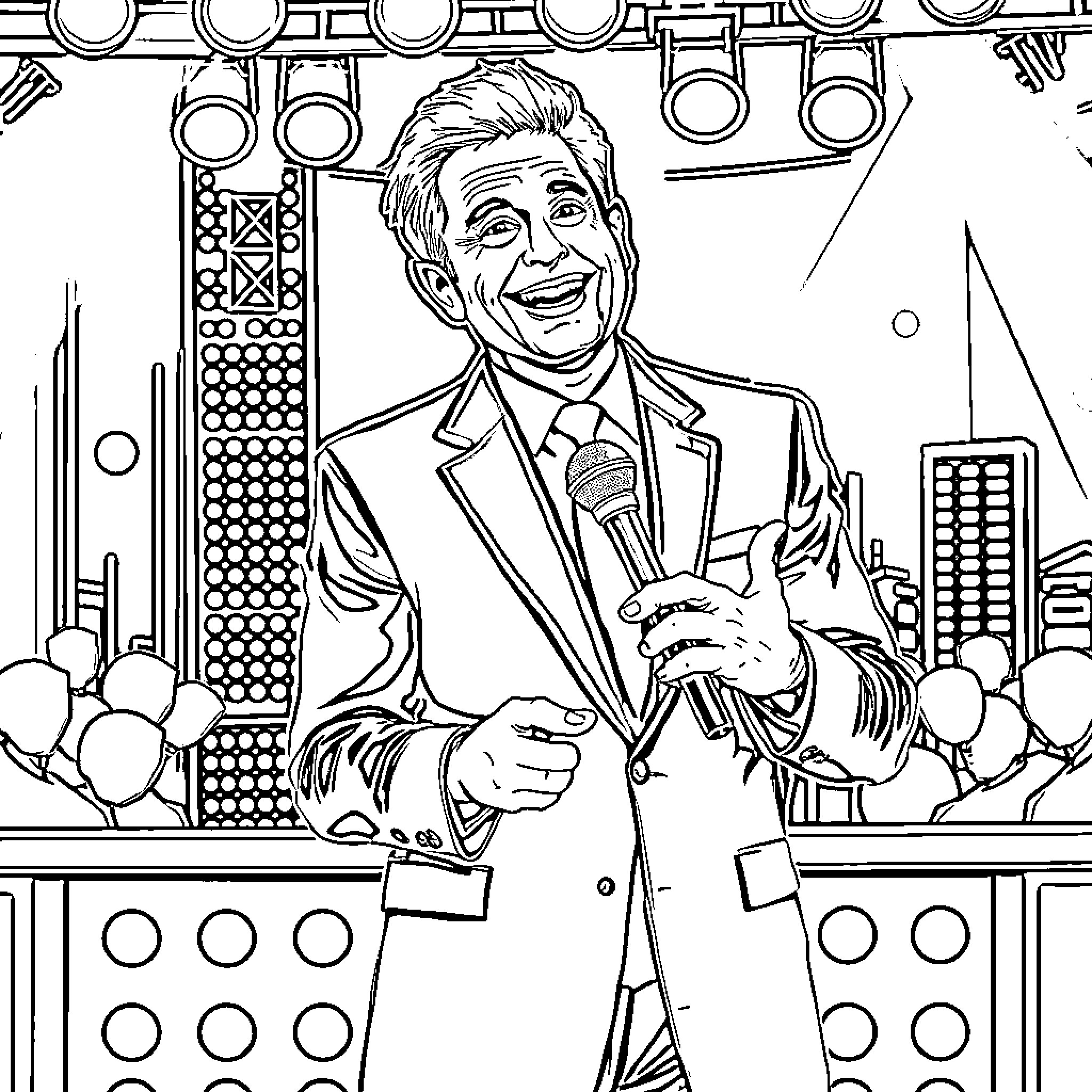 Jeff's Upbeat Performance on Stage Coloring Page (free black-and-white line drawing printable PDF for all, from beginners to advanced learners, including children, teens, adults, and seniors)