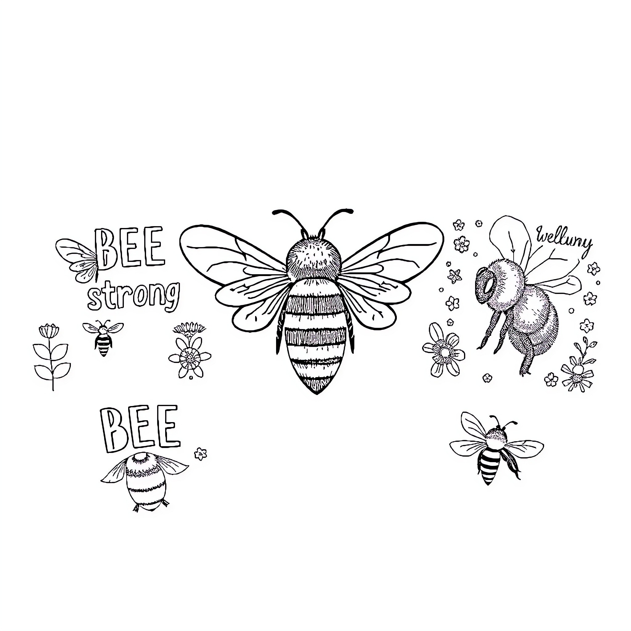 Bee Strong: Stylized Bees and Flowers Coloring Page (free black-and-white line drawing printable PDF for all, from beginners to advanced learners, including children, teens, adults, and seniors)