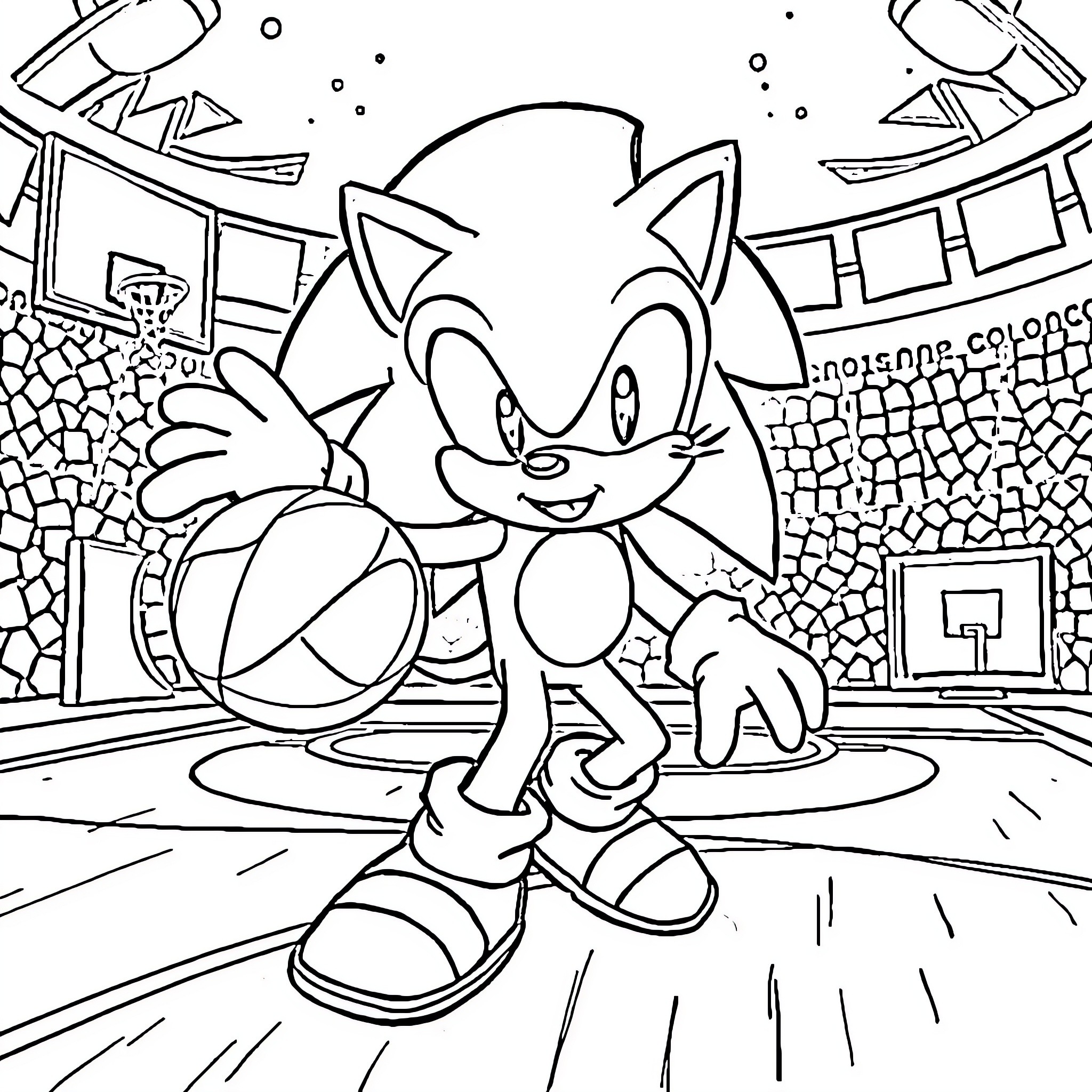 Sonic's Energetic Adventure in a Vibrant World Coloring Page (free black-and-white line drawing printable PDF for all, from beginners to advanced learners, including children, teens, adults, and seniors)