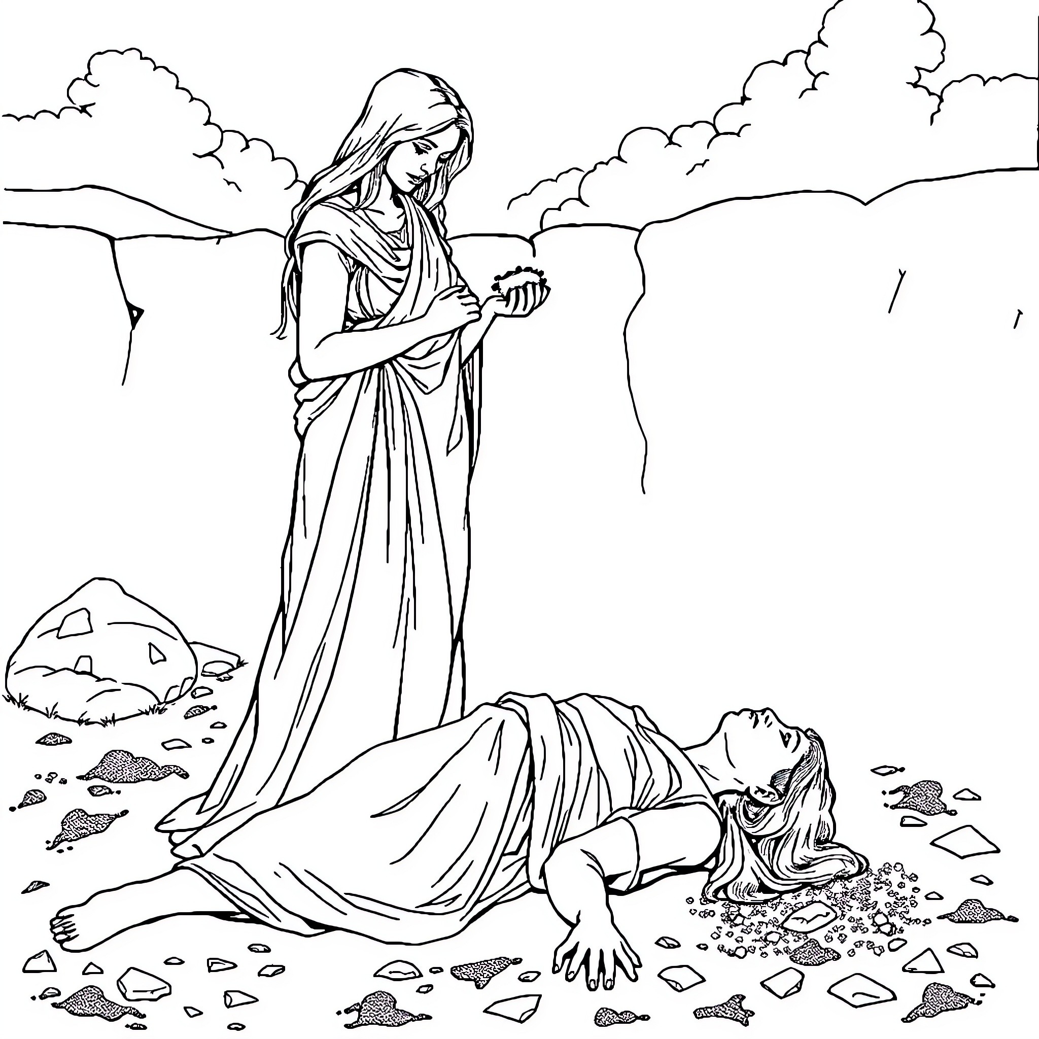 Woman attending to a fallen person in the wilderness Coloring Page (free black-and-white line drawing printable PDF for all, from beginners to advanced learners, including children, teens, adults, and seniors)