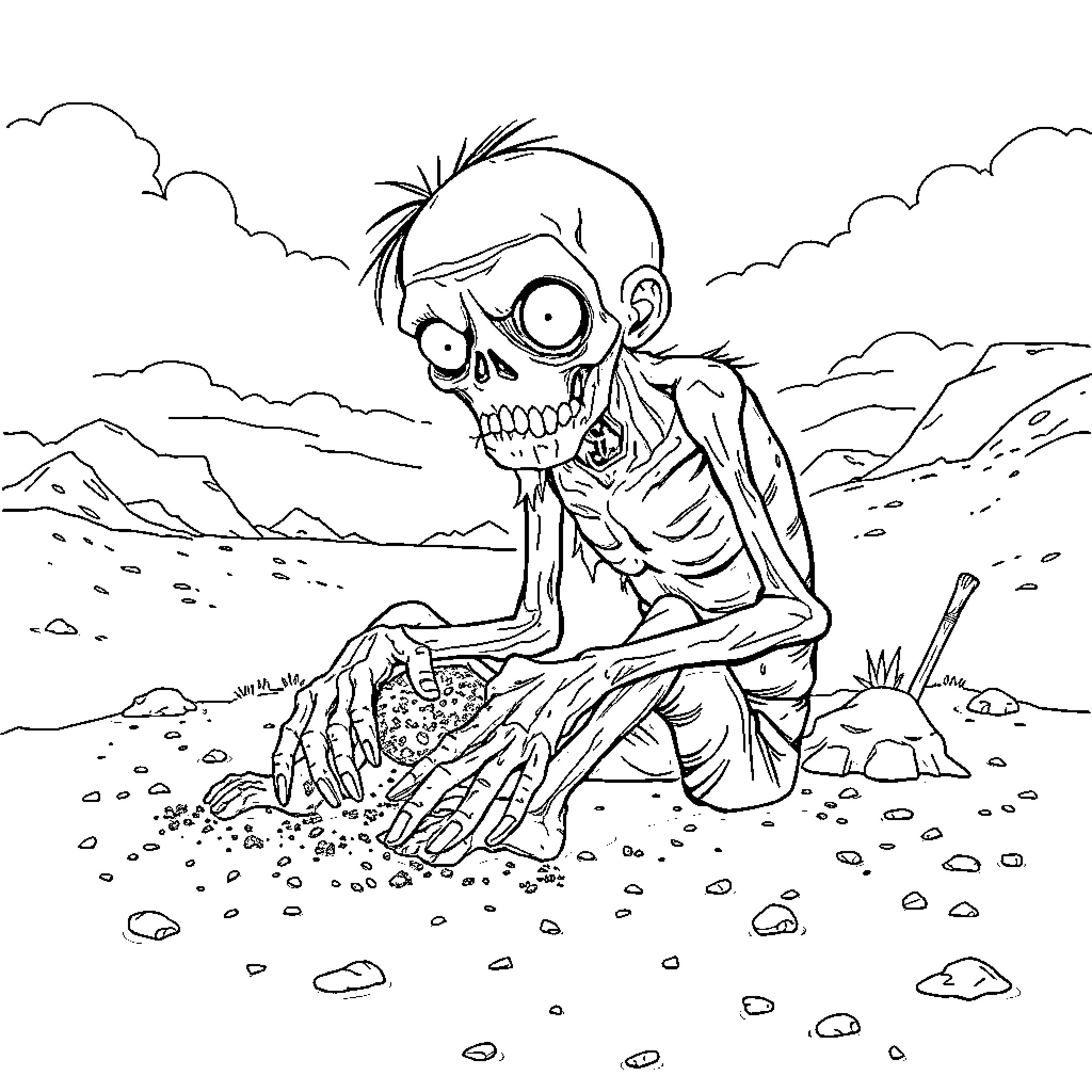 Zombie scavenging in the desolate wasteland Coloring Page (free black-and-white line drawing printable PDF for all, from beginners to advanced learners, including children, teens, adults, and seniors)