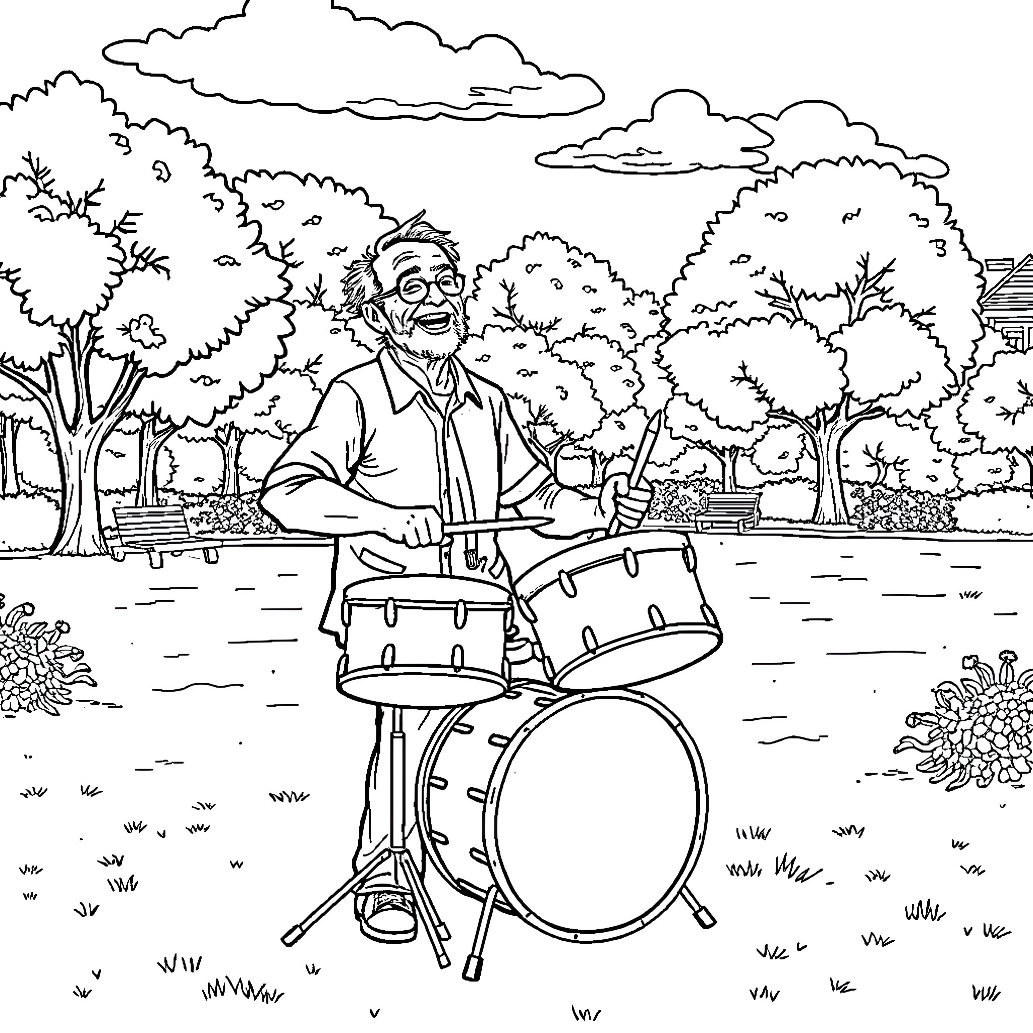 Man playing drums in the park Coloring Page (free black-and-white line drawing printable PDF for all, from beginners to advanced learners, including children, teens, adults, and seniors)